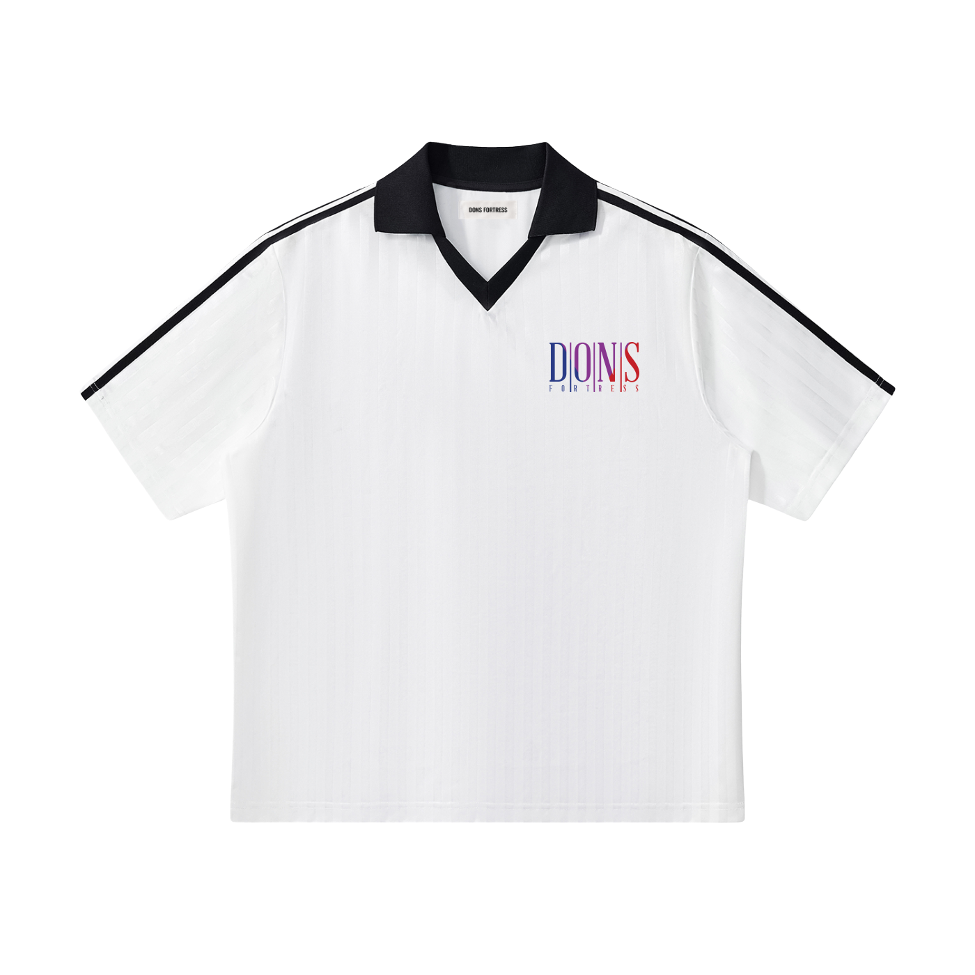 White polo shirt with black accents and colorful logo on a white background