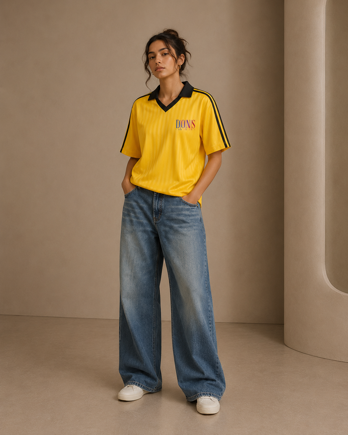 Woman wearing a yellow sports jersey with black stripes and blue jeans against a beige background