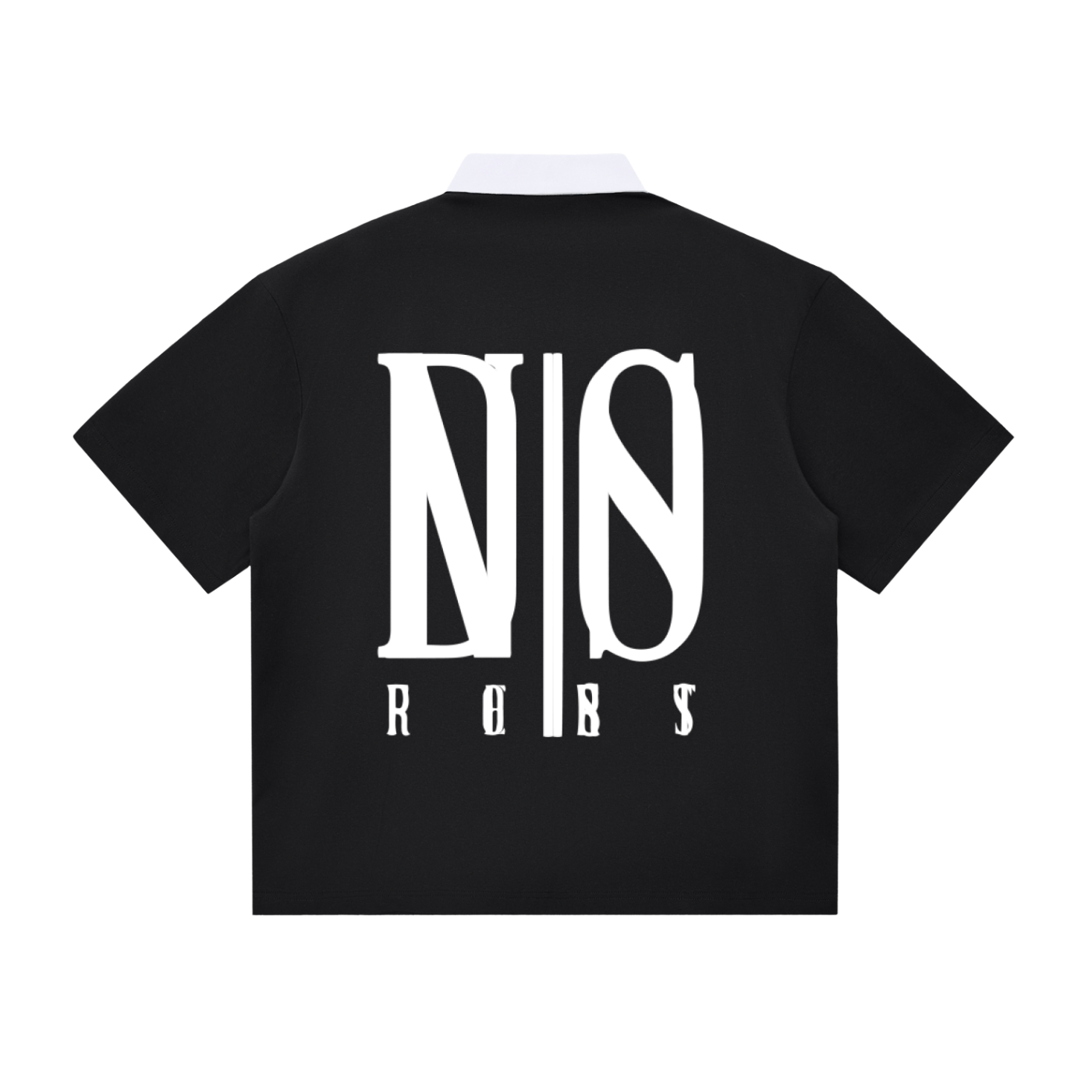 Black t-shirt with white logo and text on a white background