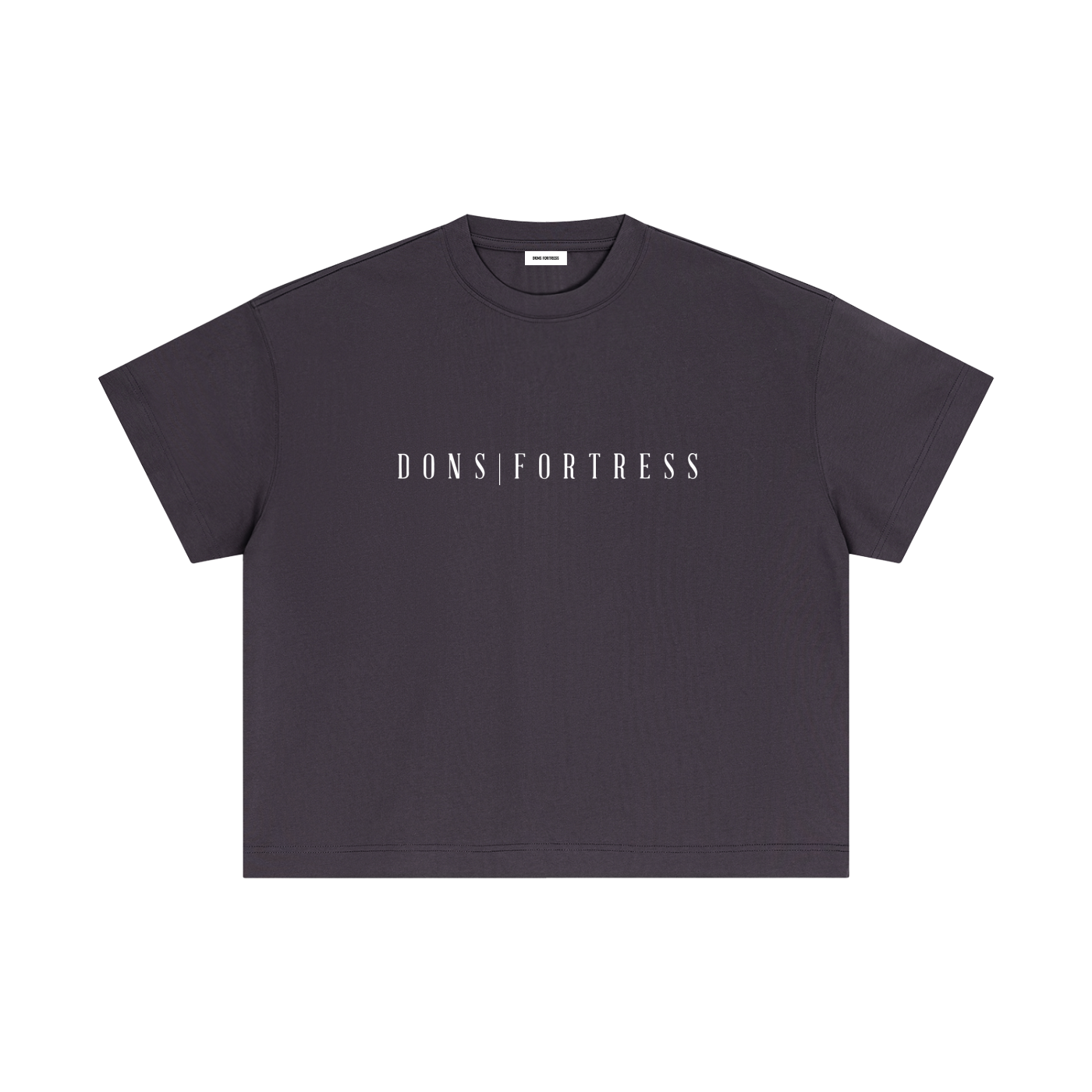 Black t-shirt with 'DONS|FORTRESS' text on a white background