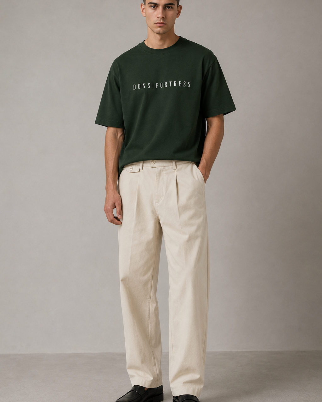 Man wearing a dark green t-shirt with text and beige pants against a plain background