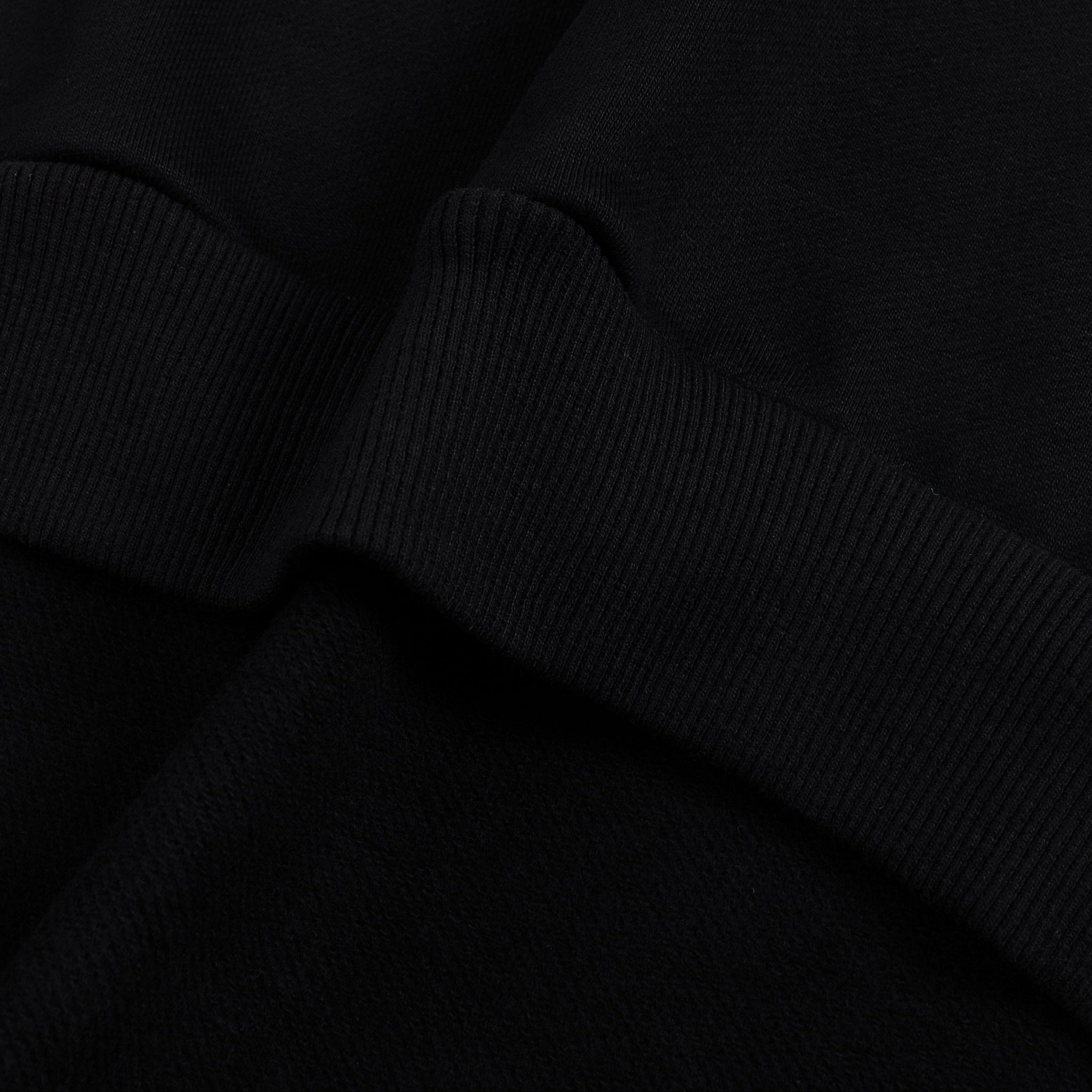 Close-up of a black sweater with ribbed cuffs and hem.
