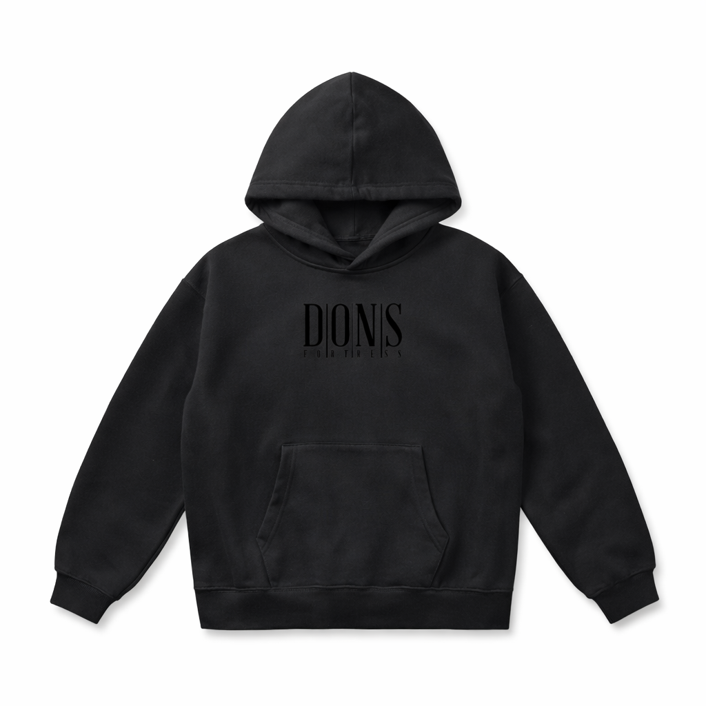 Black hoodie with logo on a white background