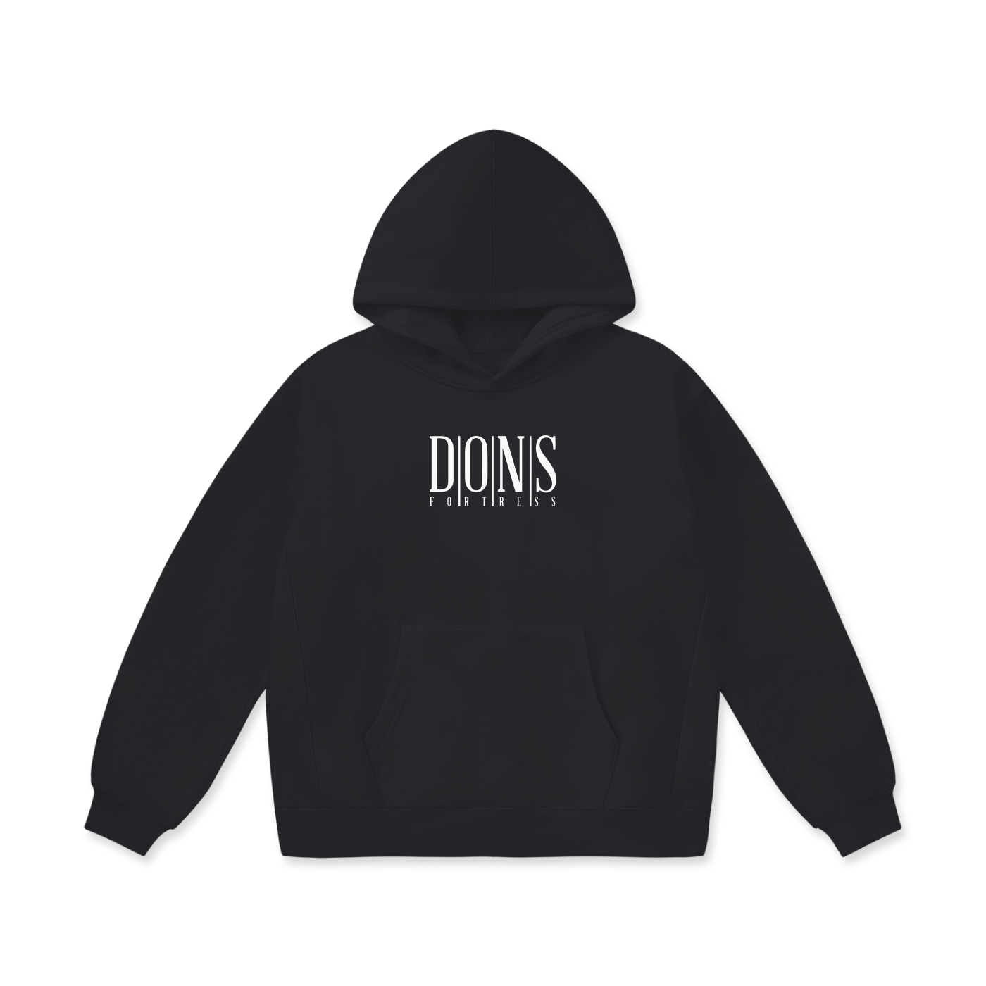 Black hoodie with white text on a white background
