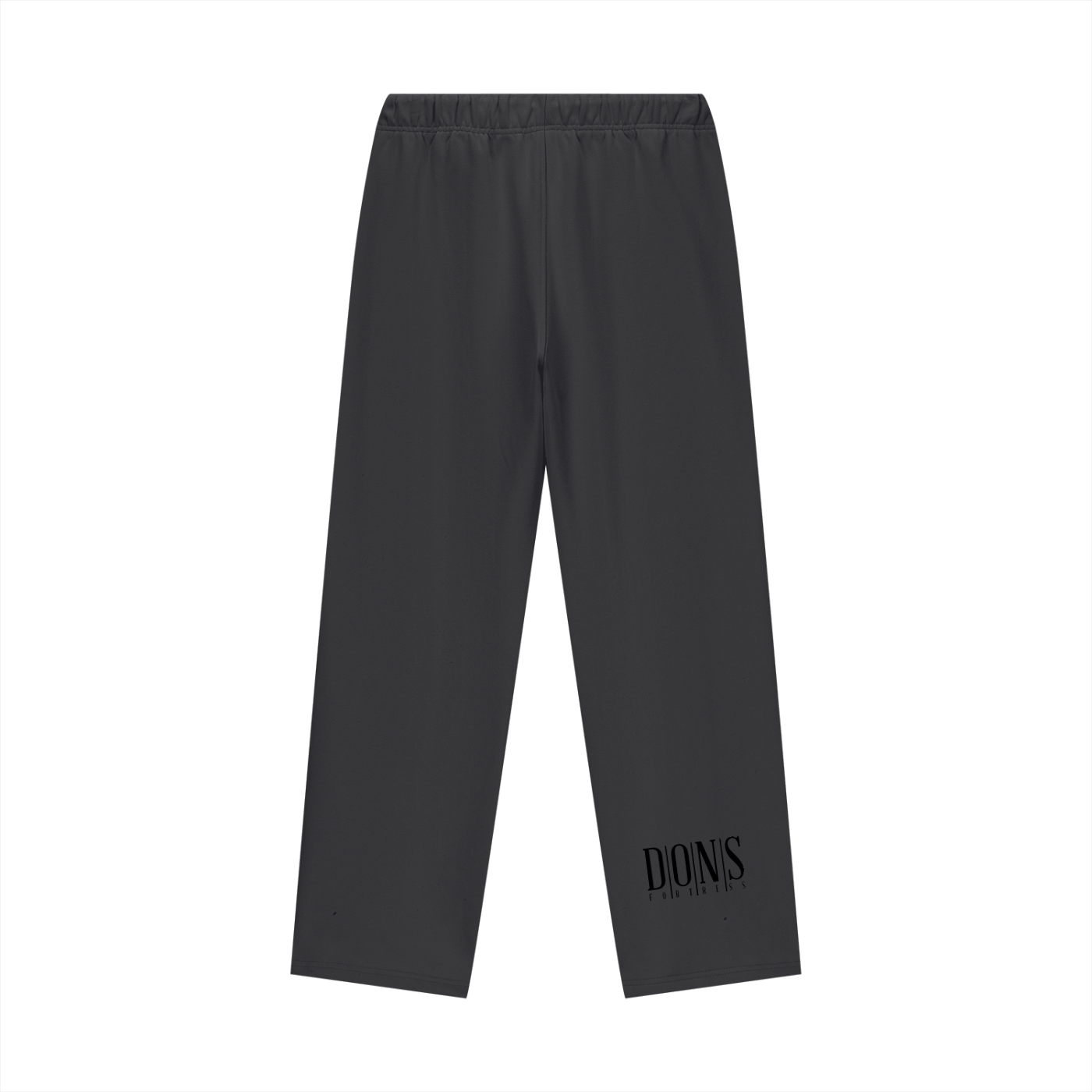 Black pants with branding on a white background