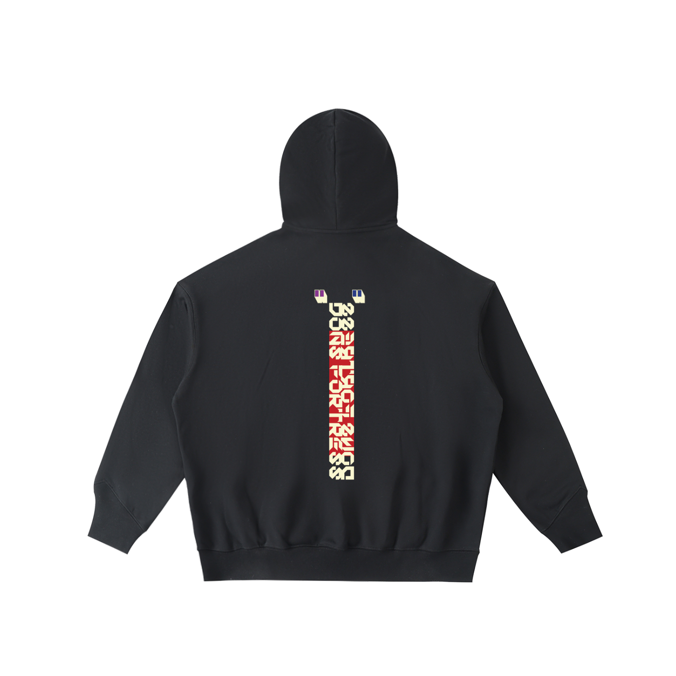 Black hoodie with colorful text design on the back against a white background