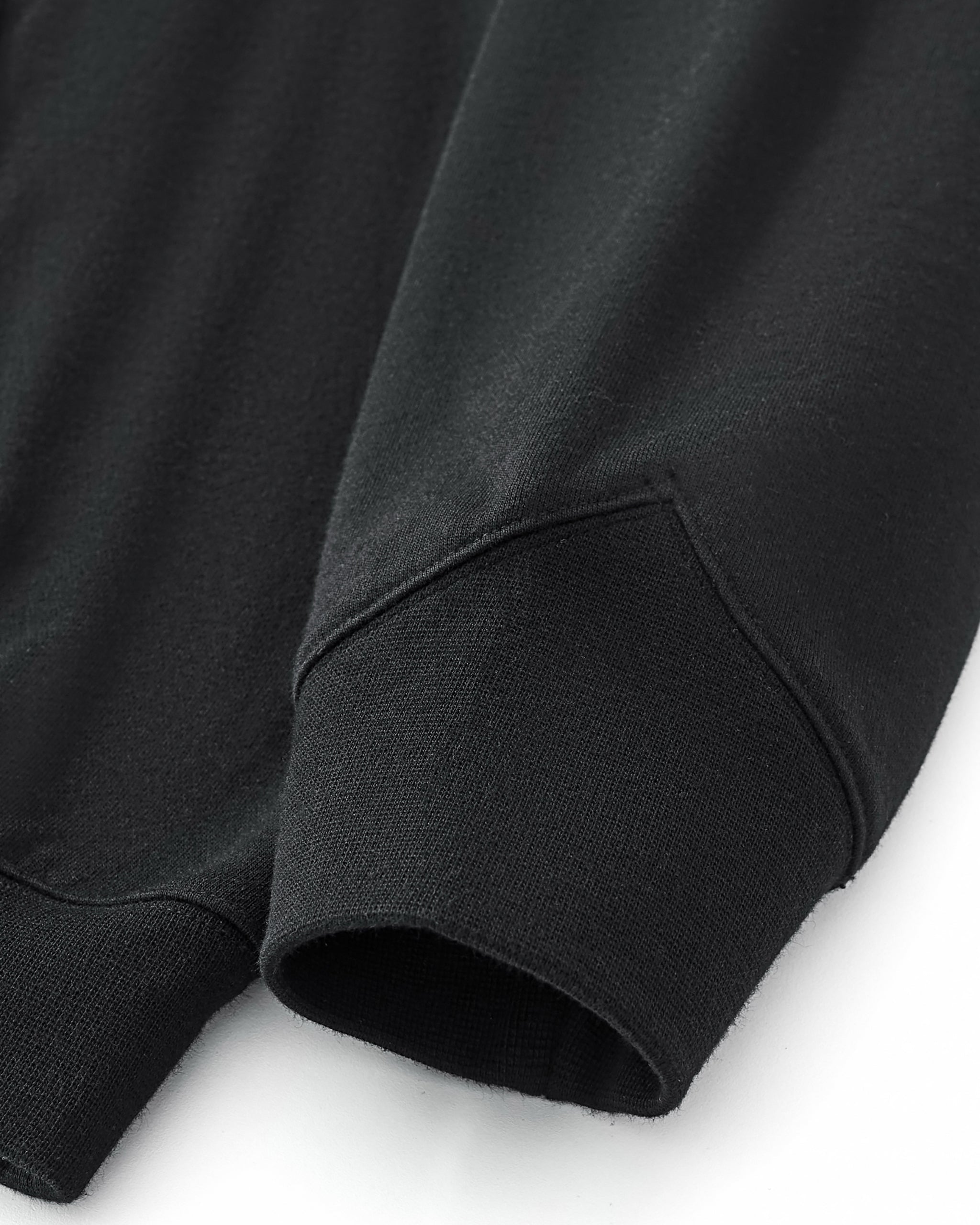 Close-up of a black sweatshirt sleeve on a white background