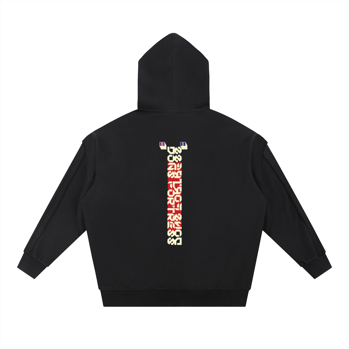Black hoodie with colorful text on the back against a white background