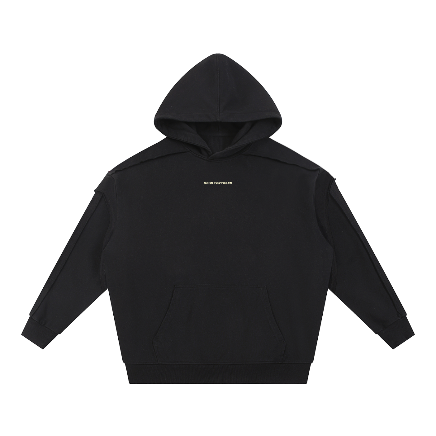 Black hoodie with a brand logo on a white background