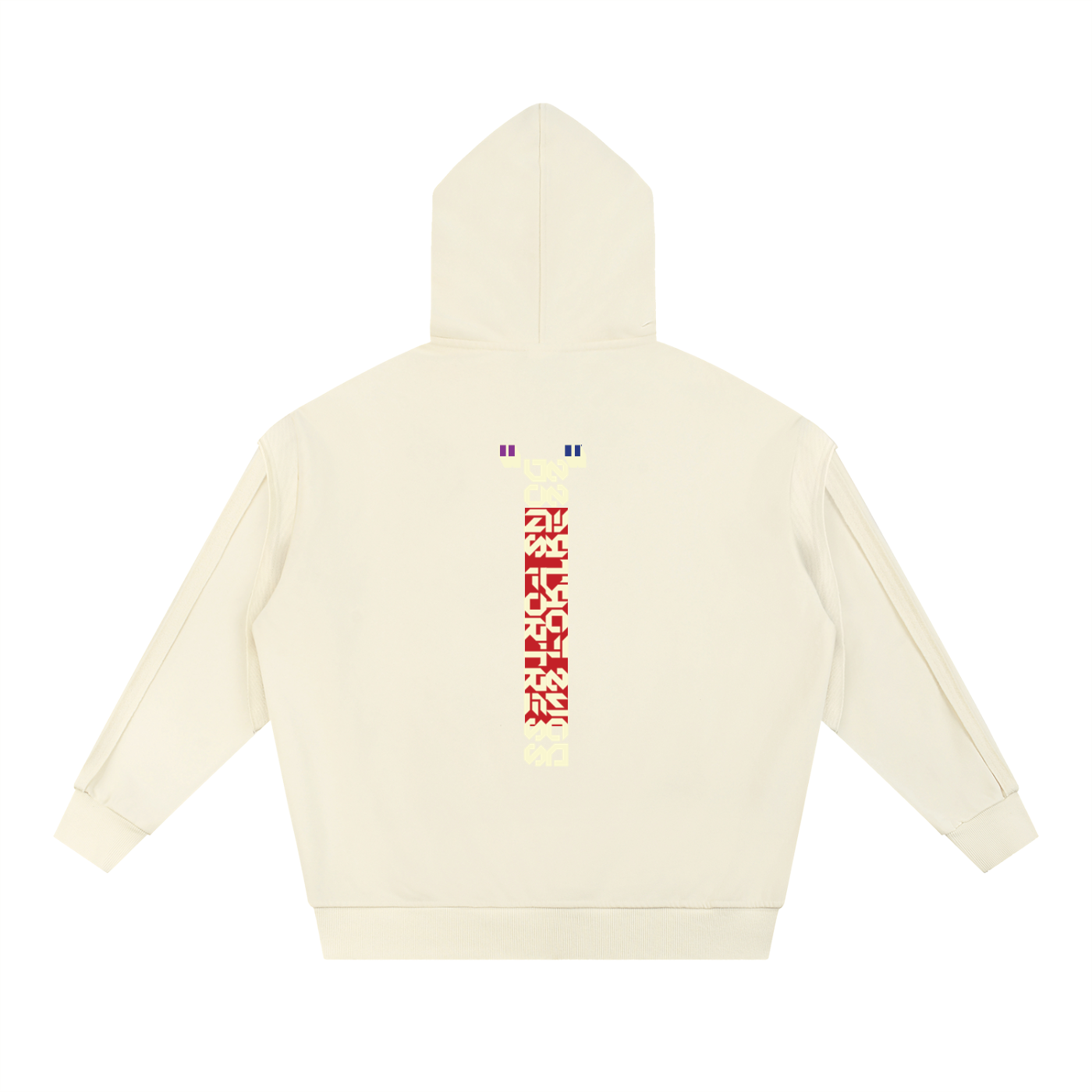 Beige hoodie with colorful text design on a white background