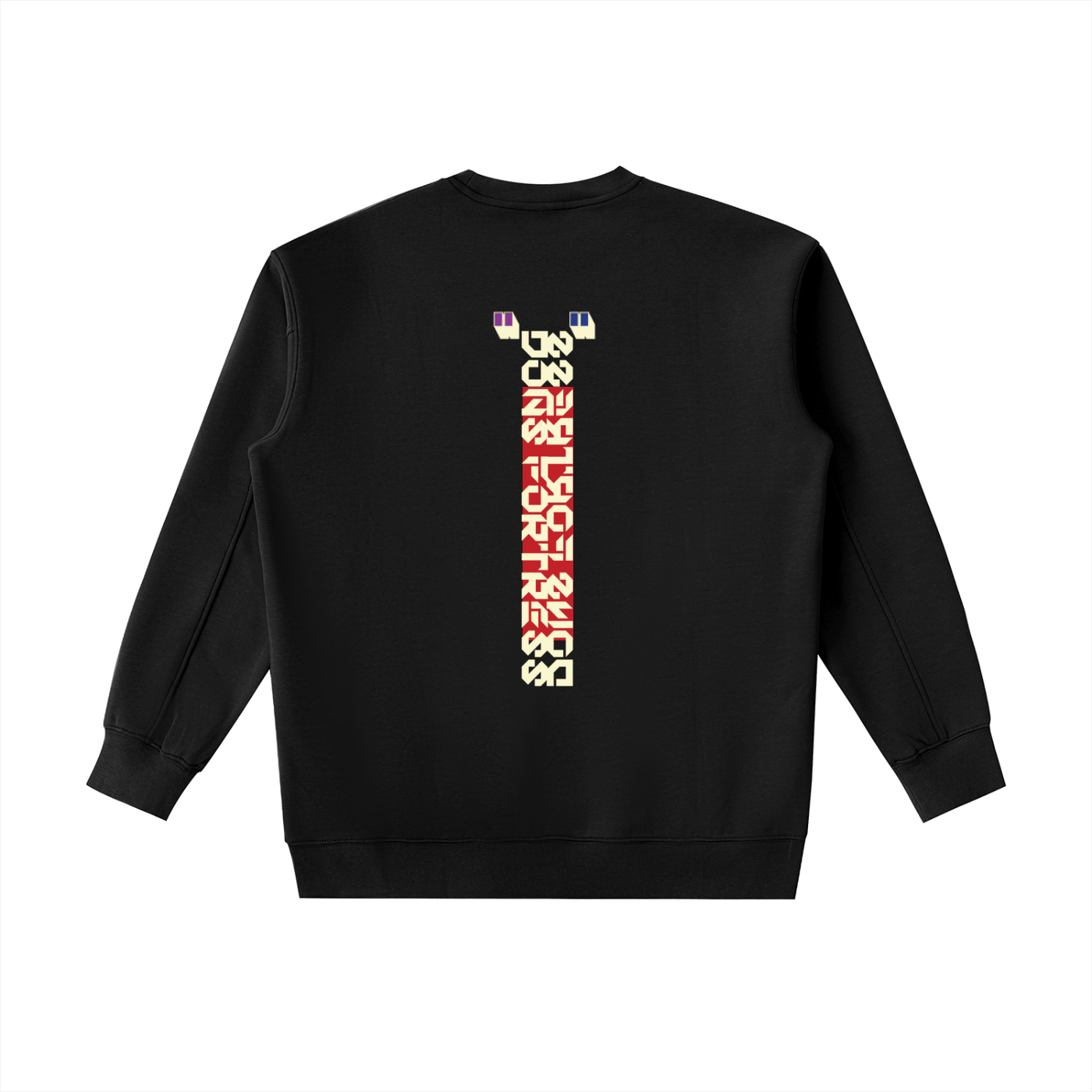 Black sweatshirt with colorful text design on a white background