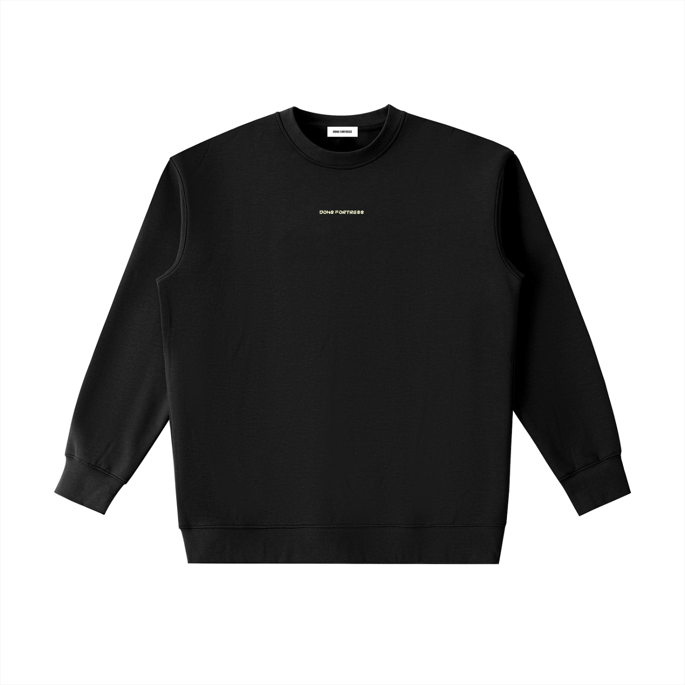 Black sweatshirt with white text and graphics on a white background