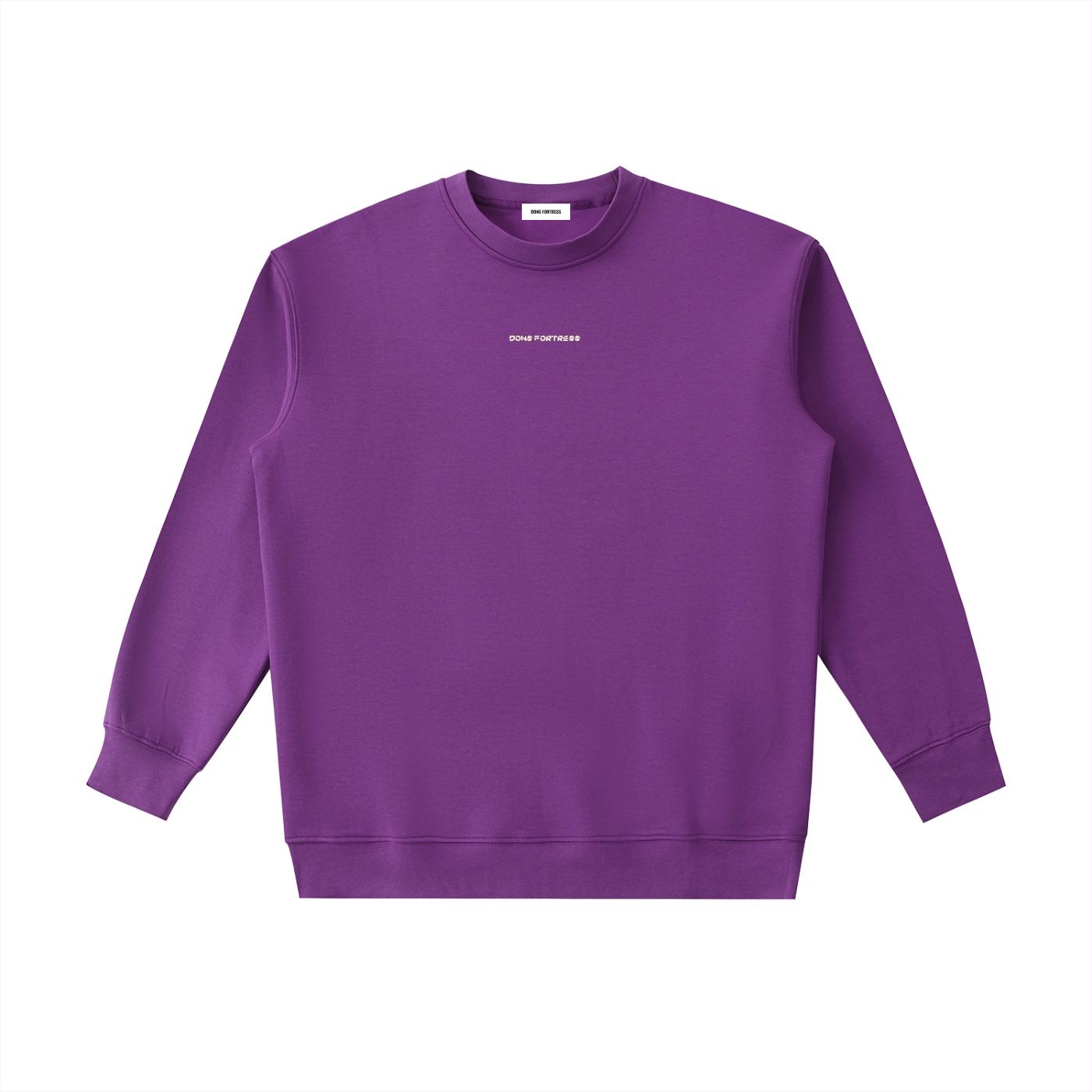 Purple sweatshirt with a small white logo on a white background