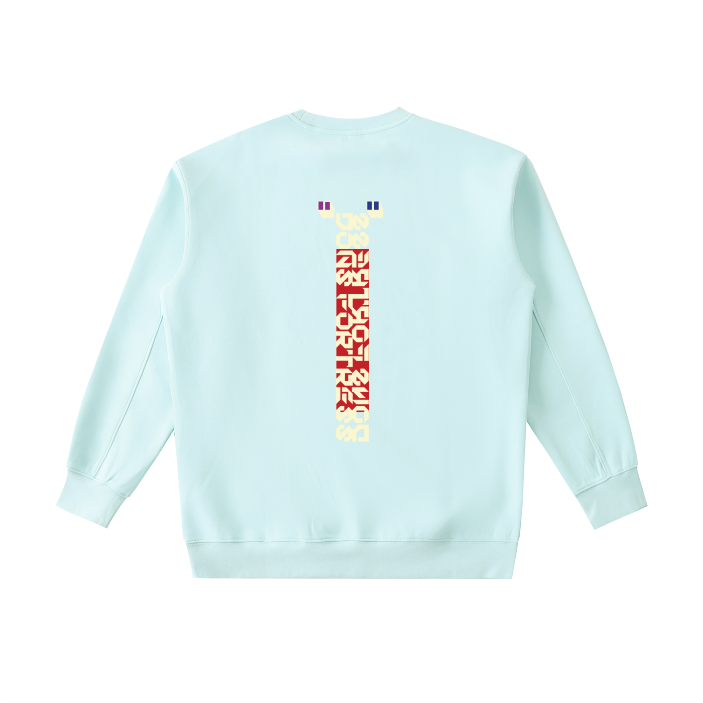 Light blue sweatshirt with colorful text design on the back against a white background