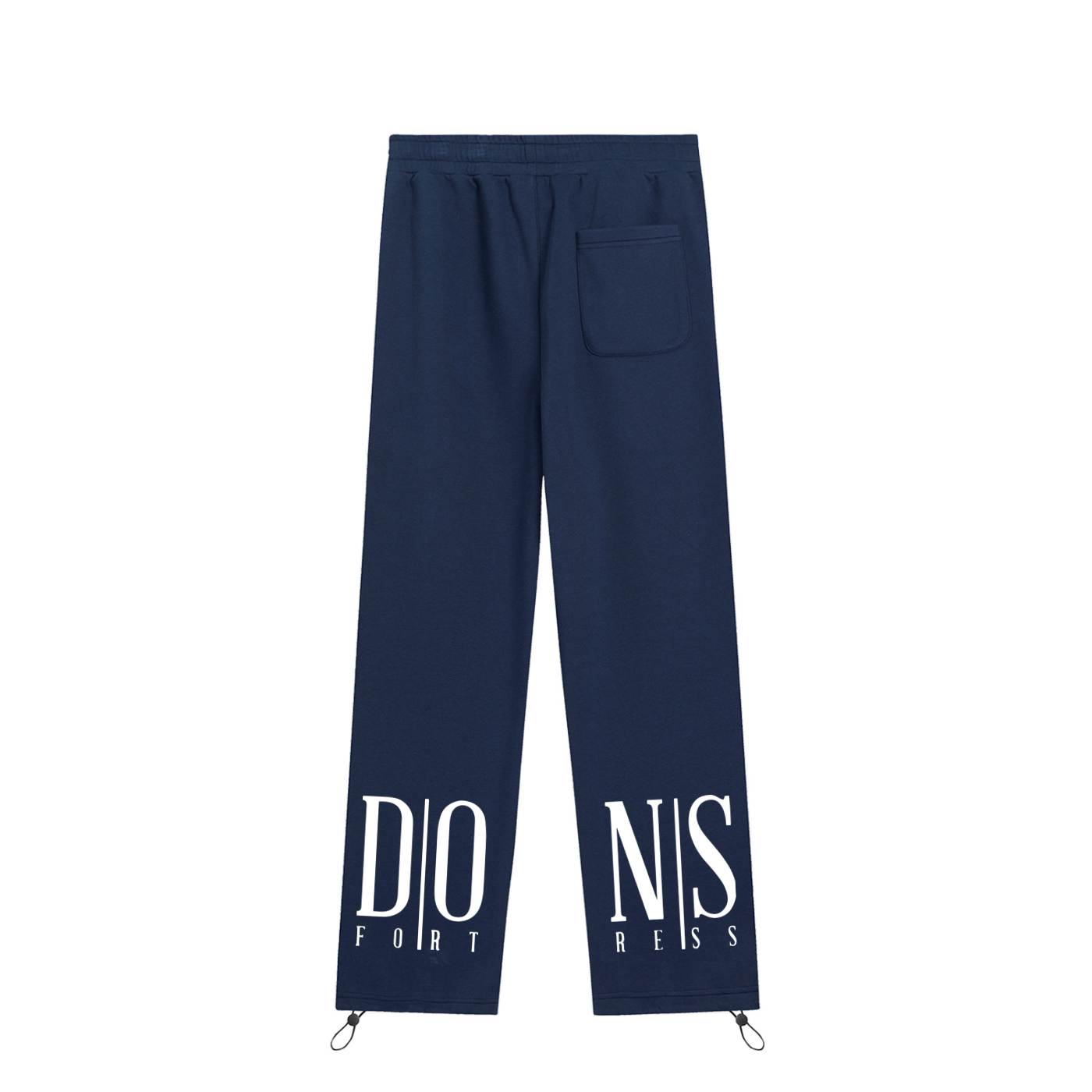 Navy blue pants with white text on a white background