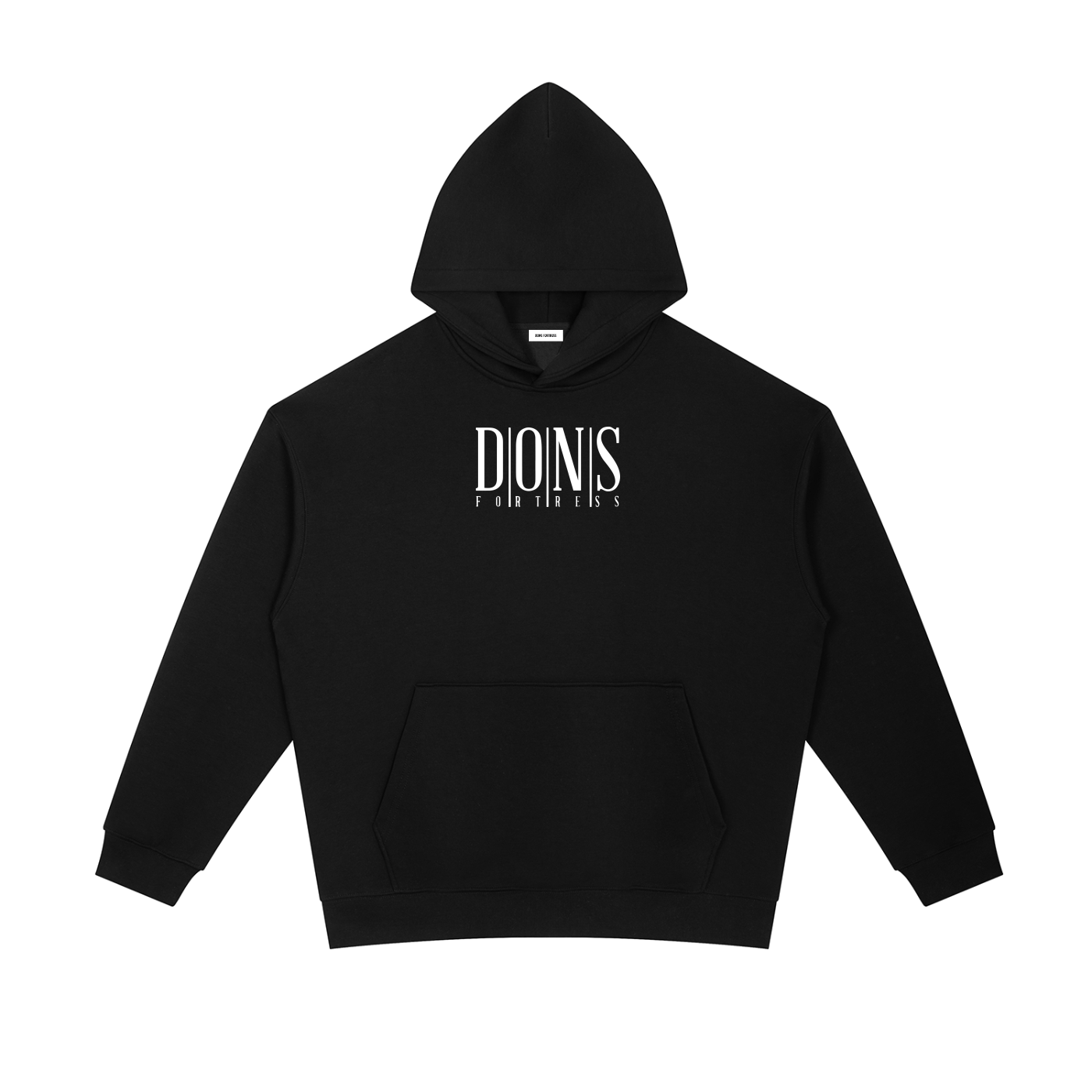 Black hoodie with a white logo on a white background