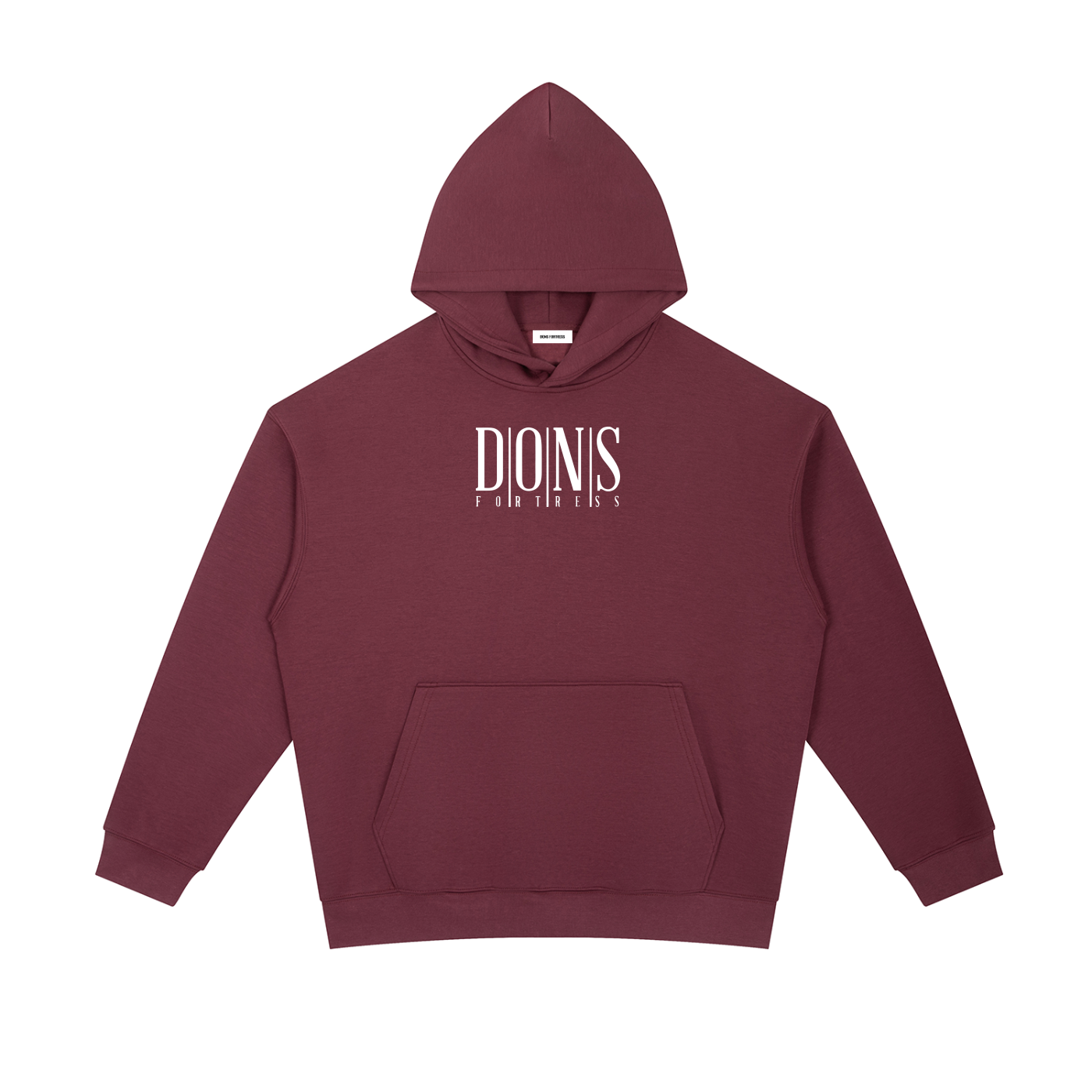 Maroon hoodie with branding on a white background