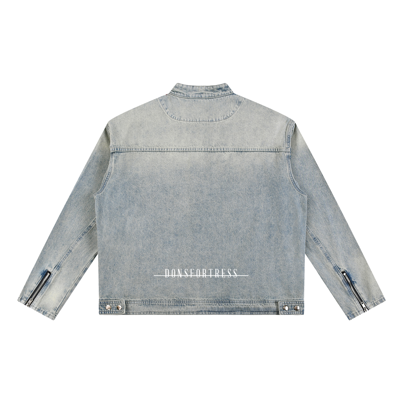 Back view of a light blue denim jacket with zippers on a white background