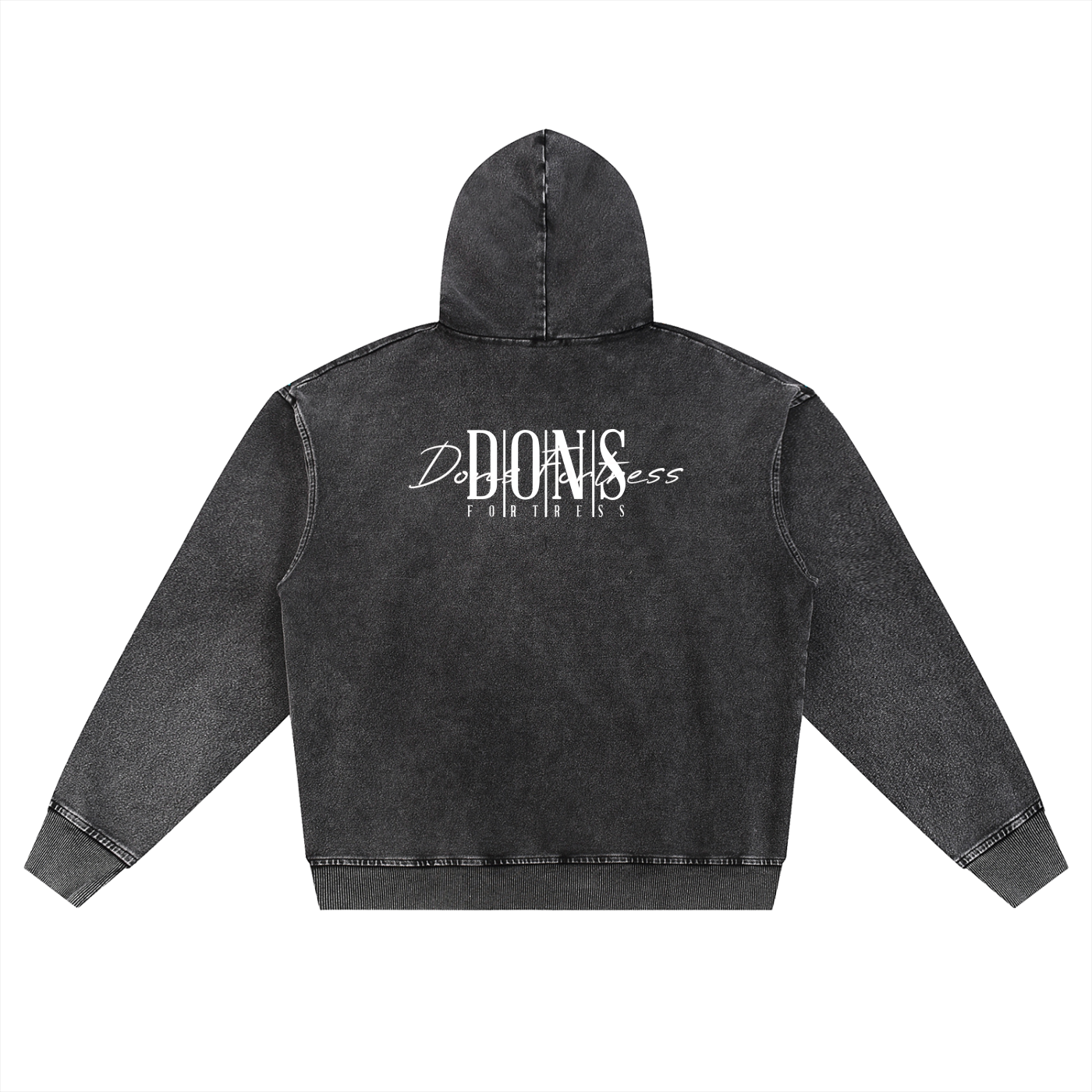 Black hoodie with branding on the back against a white background