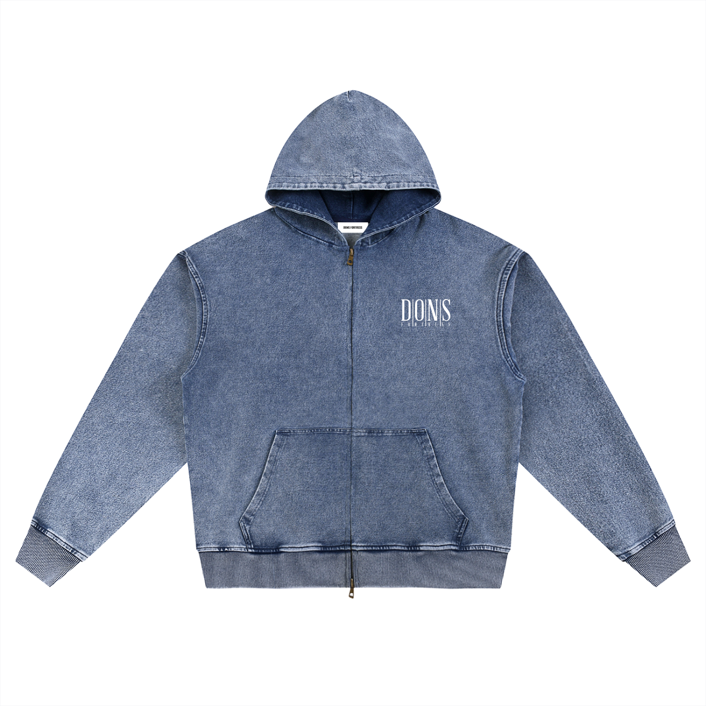 Blue hoodie with a brand logo on a white background