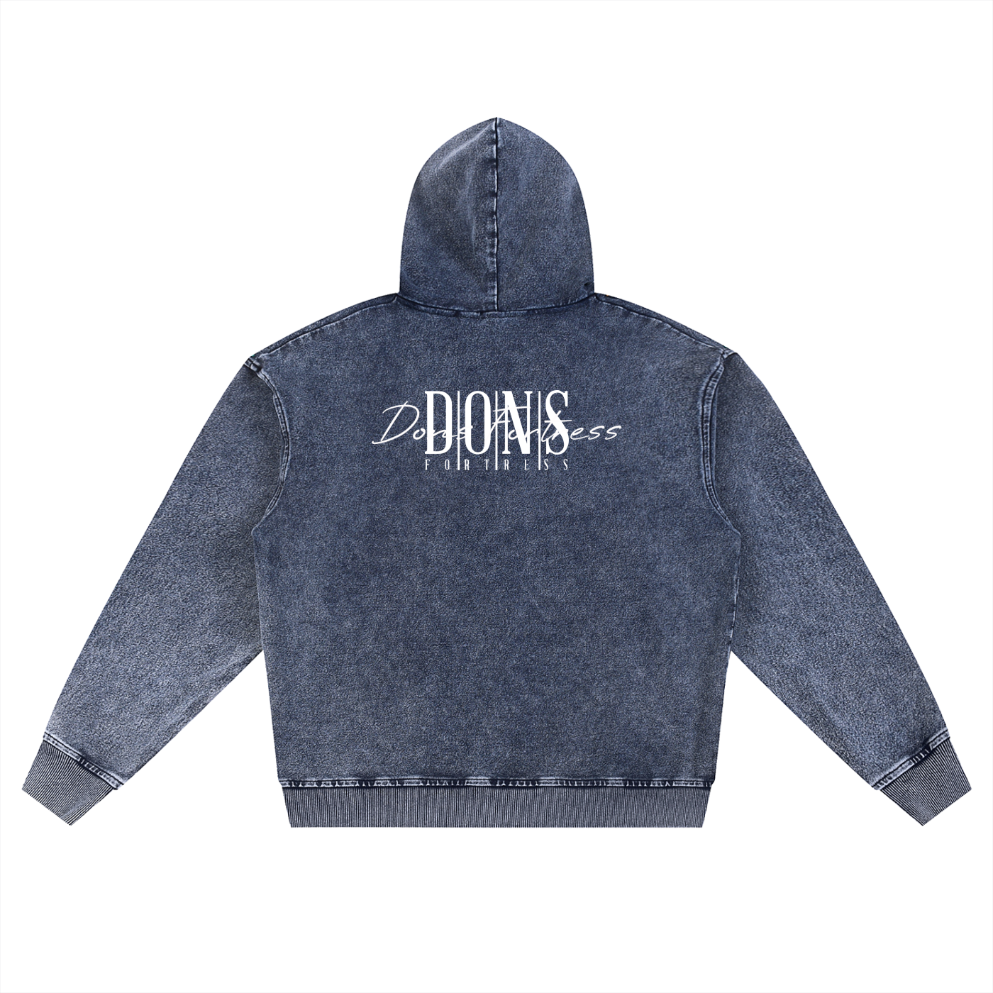 Blue denim hoodie with branding on a white background