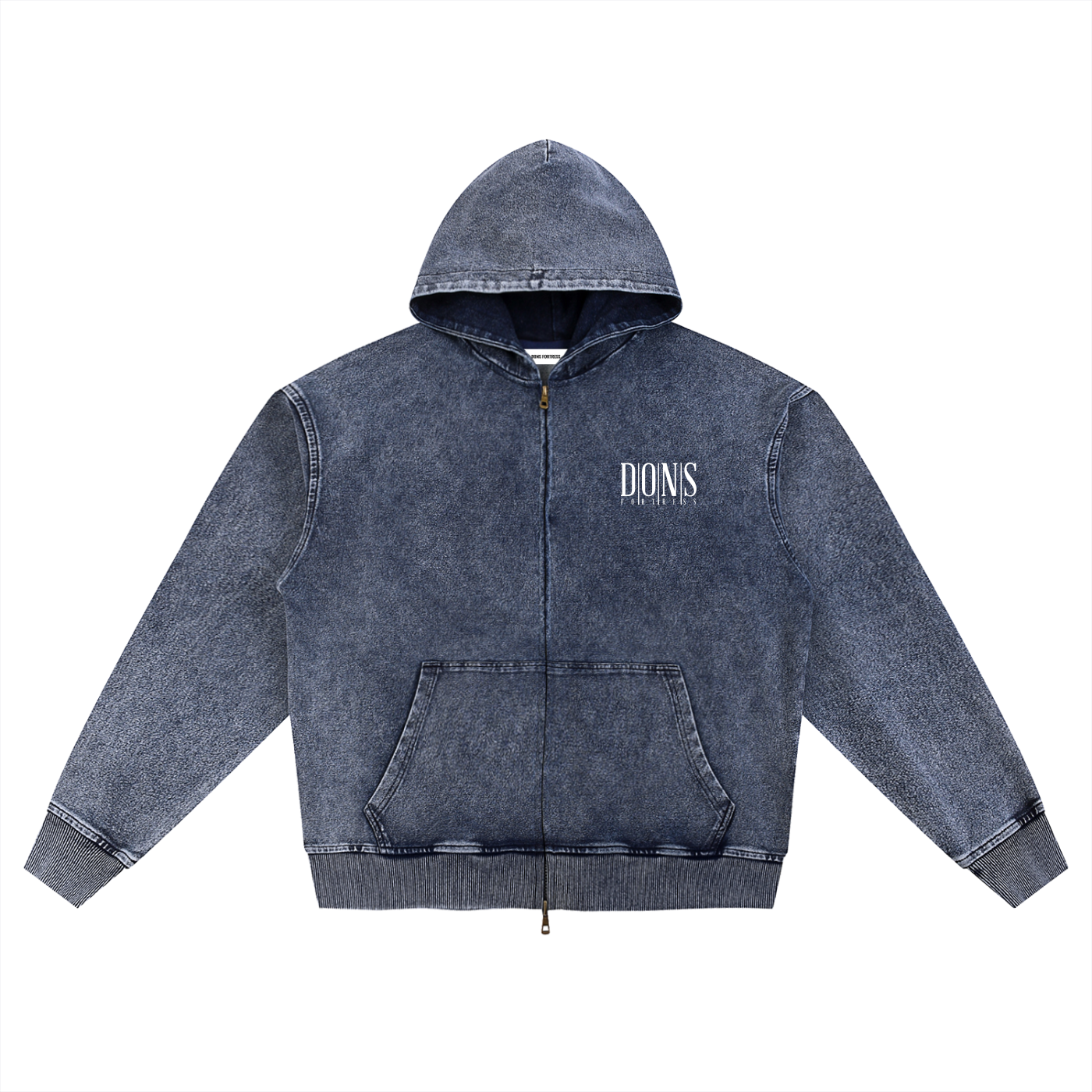 Blue hoodie with a logo on a white background