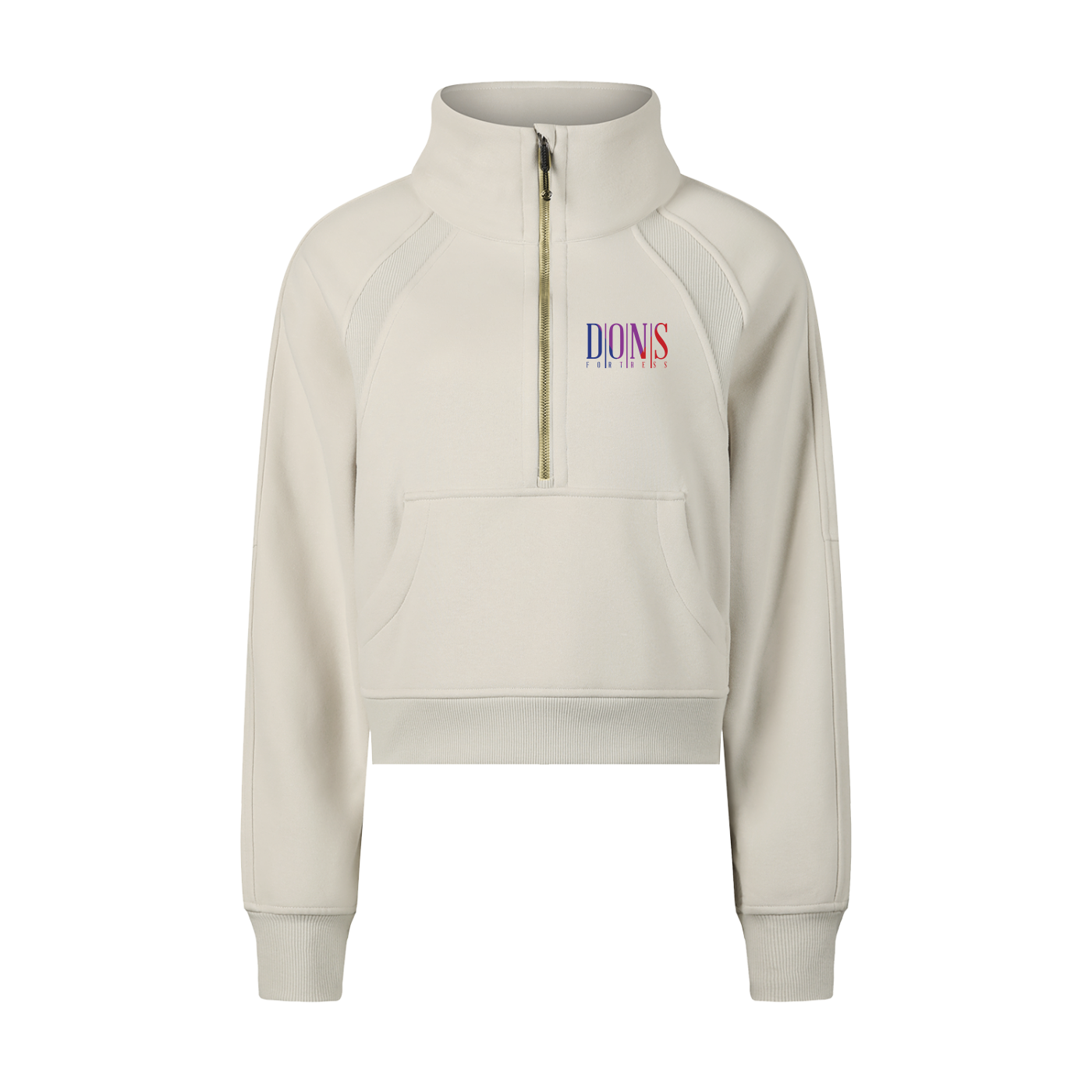 Beige half-zip sweatshirt with logo on a white background