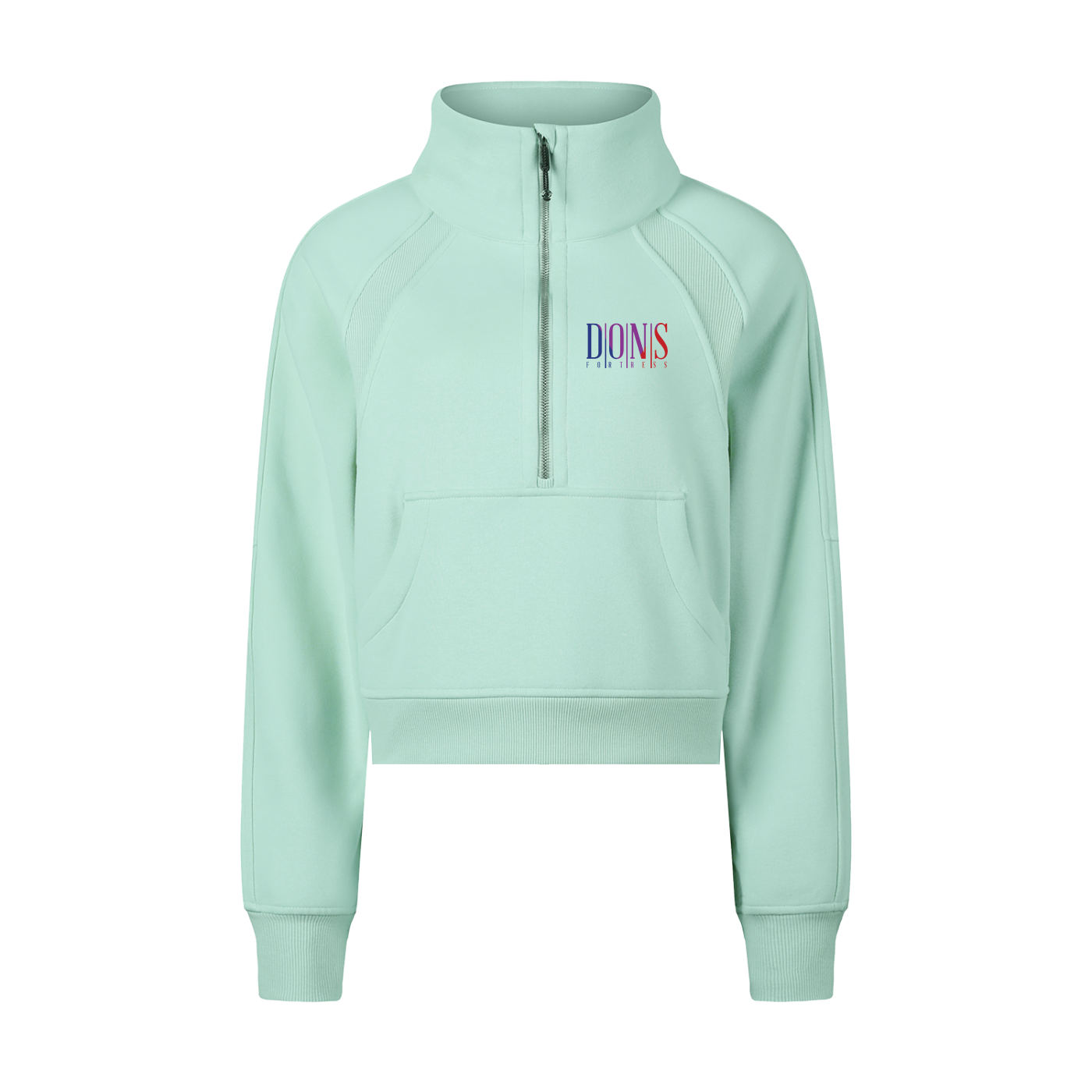 Light blue half-zip sweatshirt with colorful logo on a white background