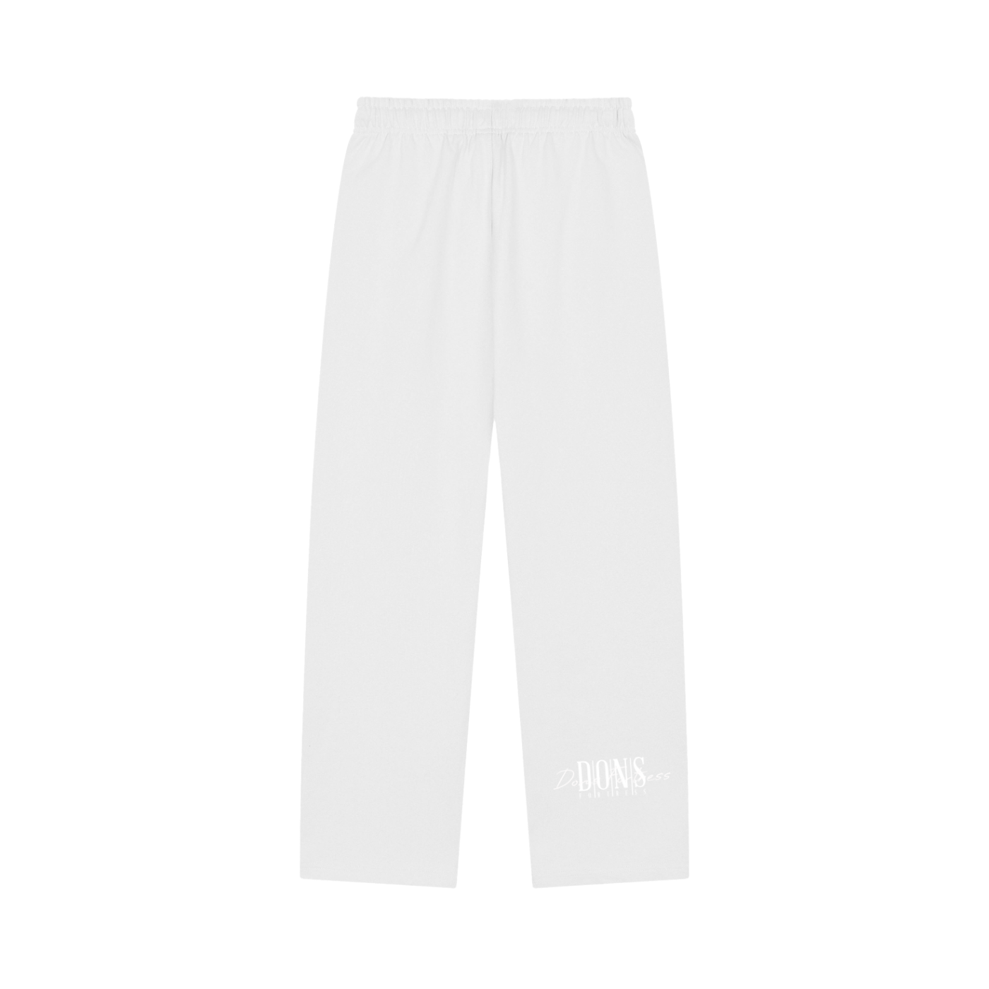 White pants with a brand logo on a white background