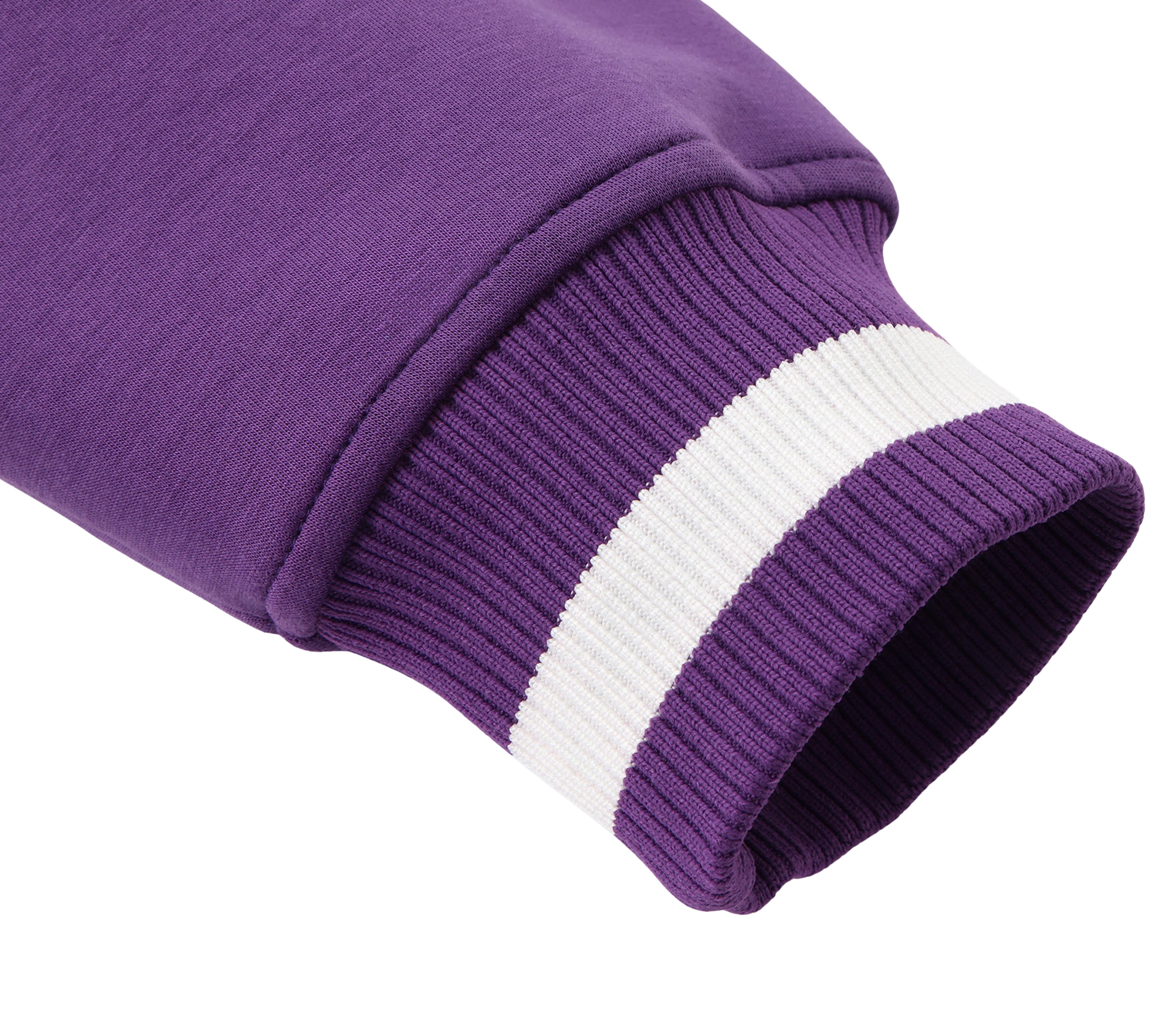 Close-up of a purple sweater with a white stripe on a white background