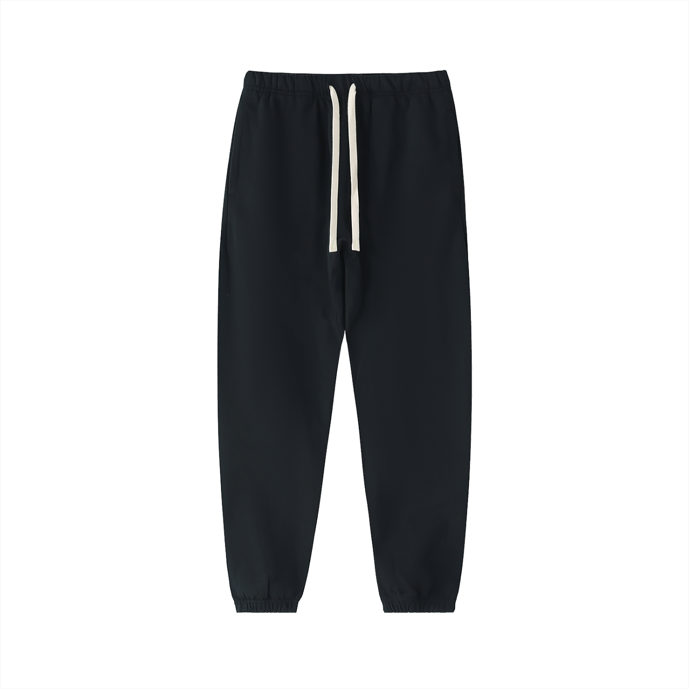 Black sweatpants with white drawstrings on a white background