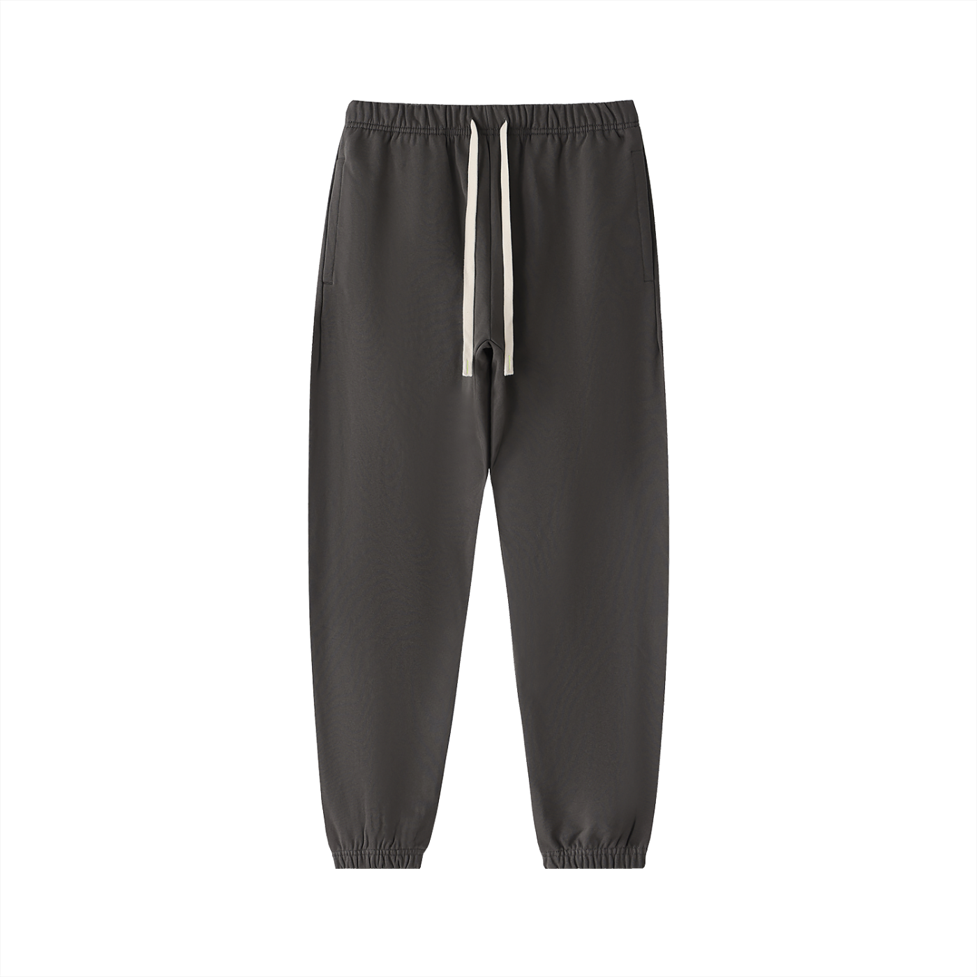 Dark gray jogger pants with white drawstring on a white background