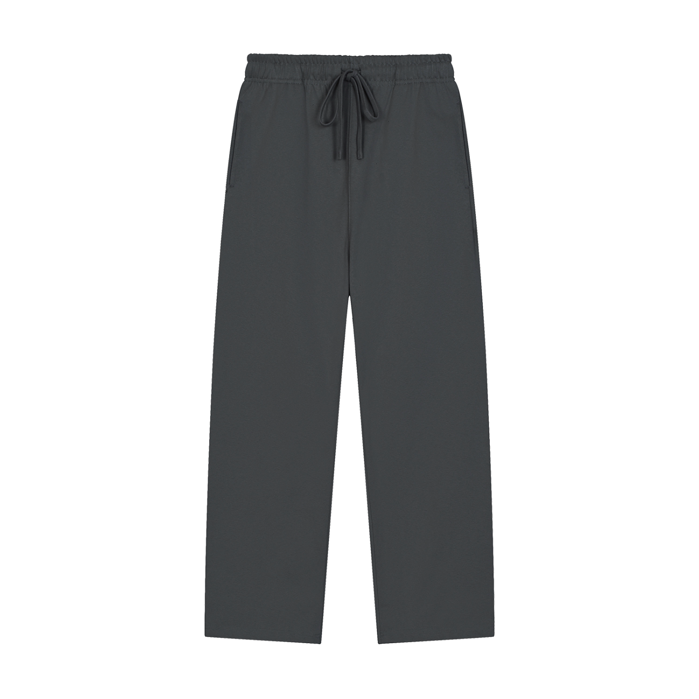Dark gray pants with a drawstring on a white background