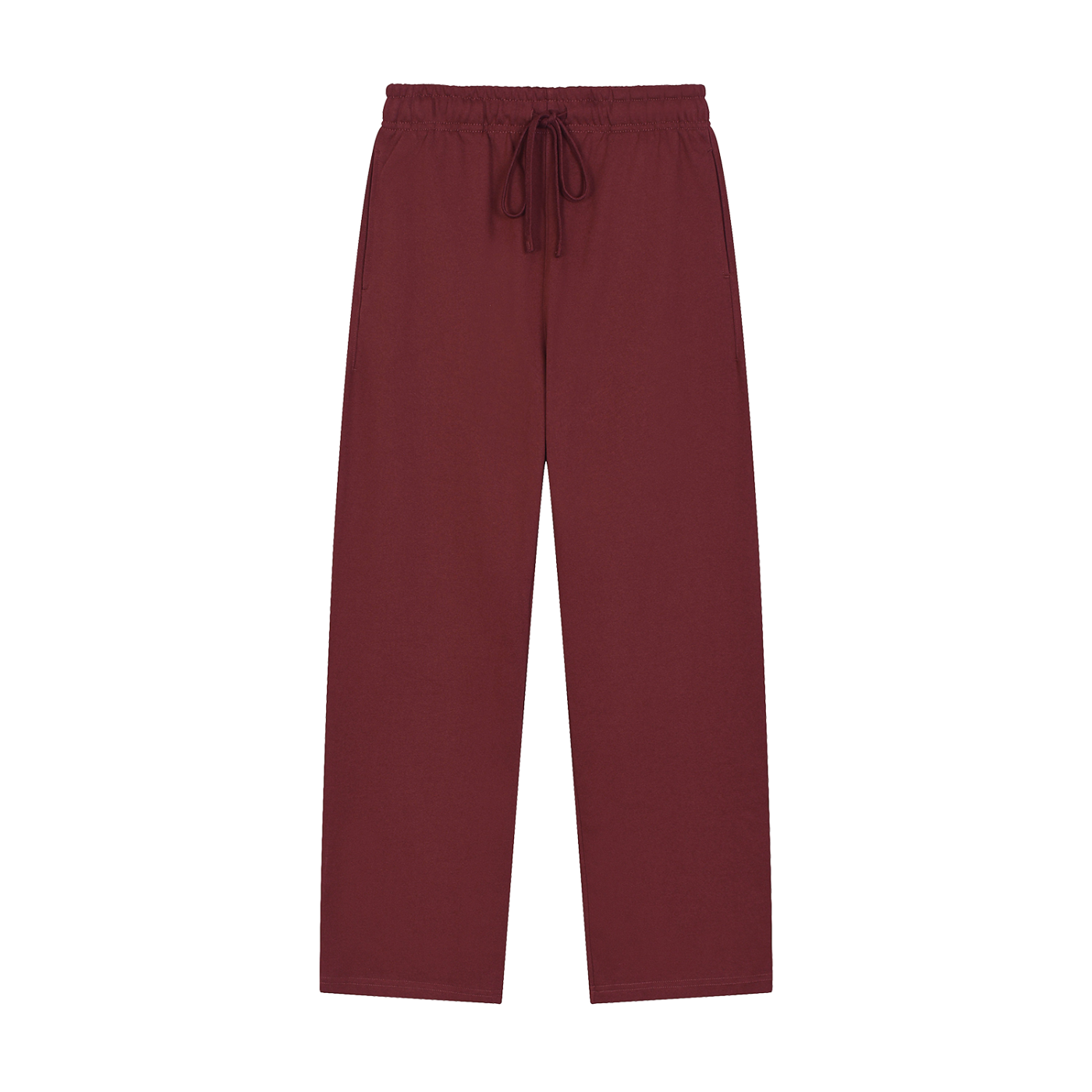 Maroon pants with a drawstring on a white background