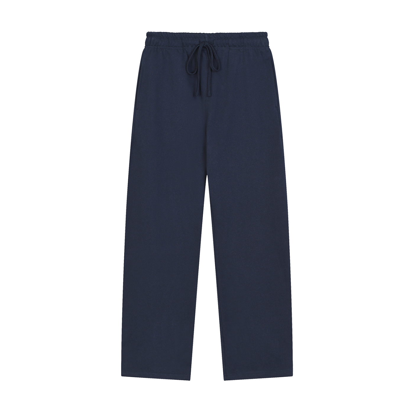 Navy blue pants with a drawstring on a white background