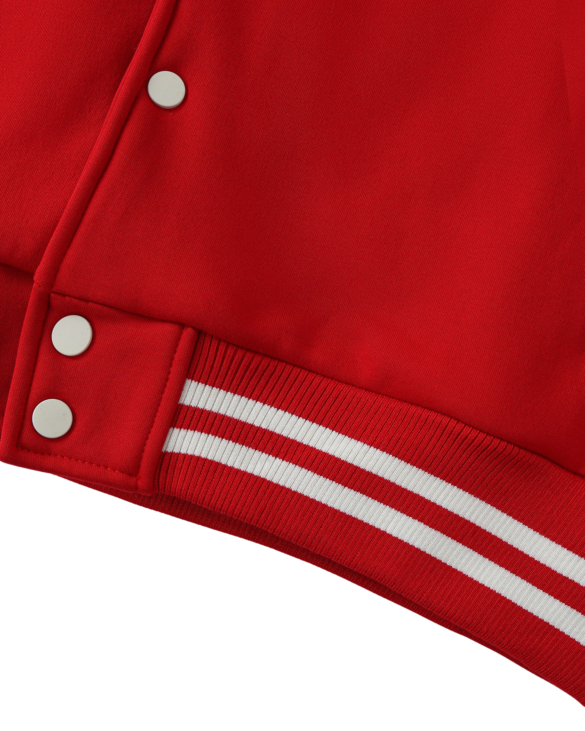 Close-up of a red jacket with white buttons and stripes on a white background