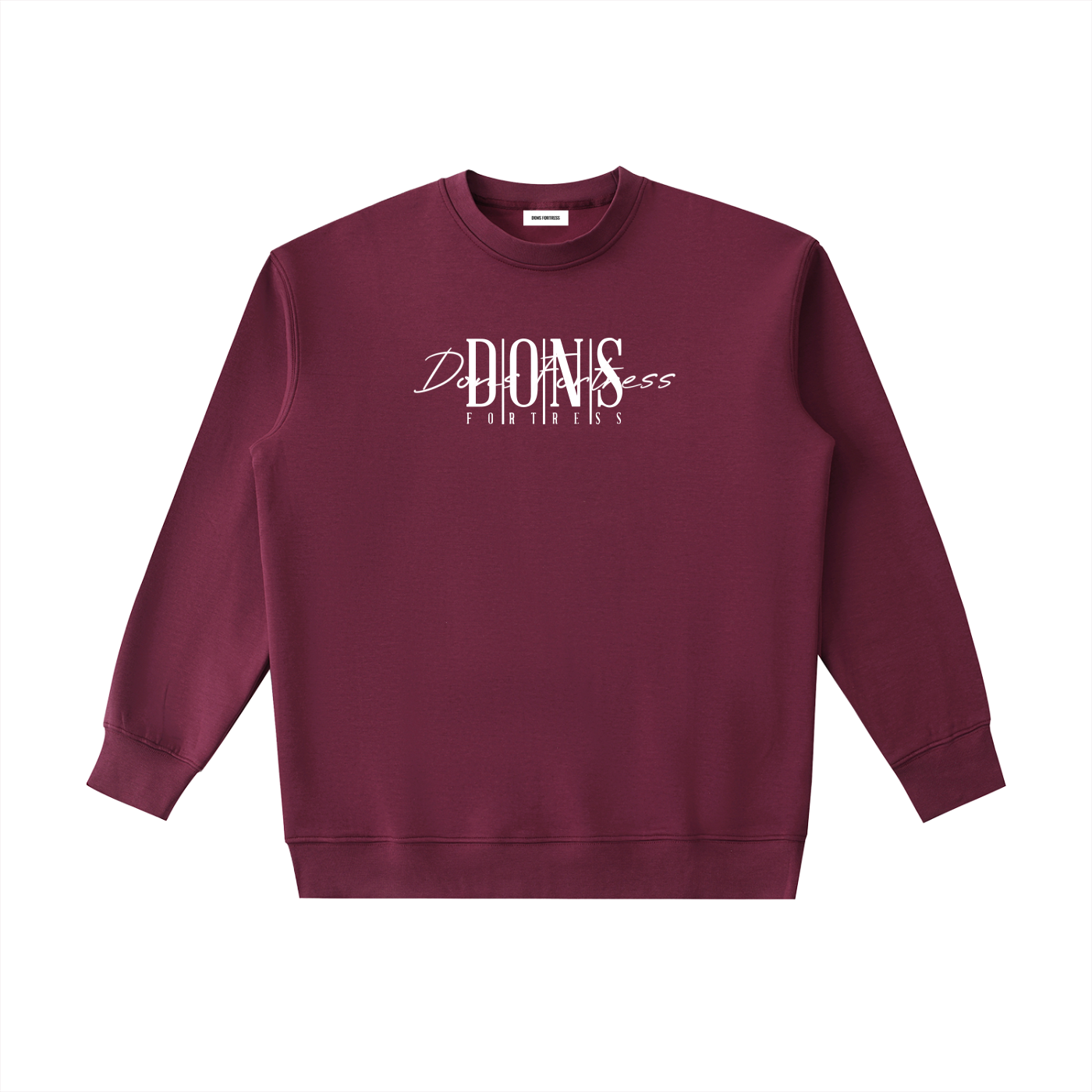 Maroon sweatshirt with white text on a white background