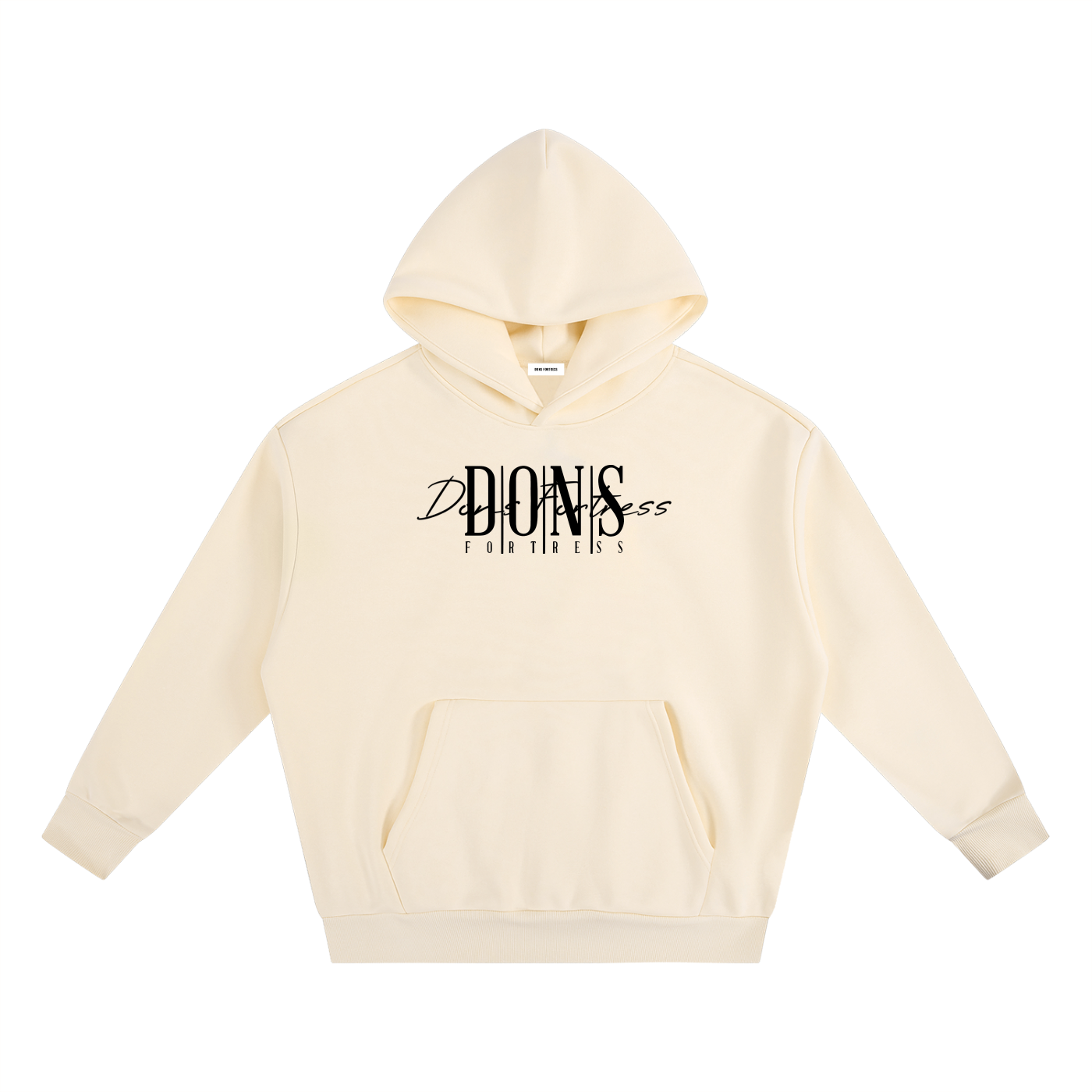 Beige hoodie with black text on a white background