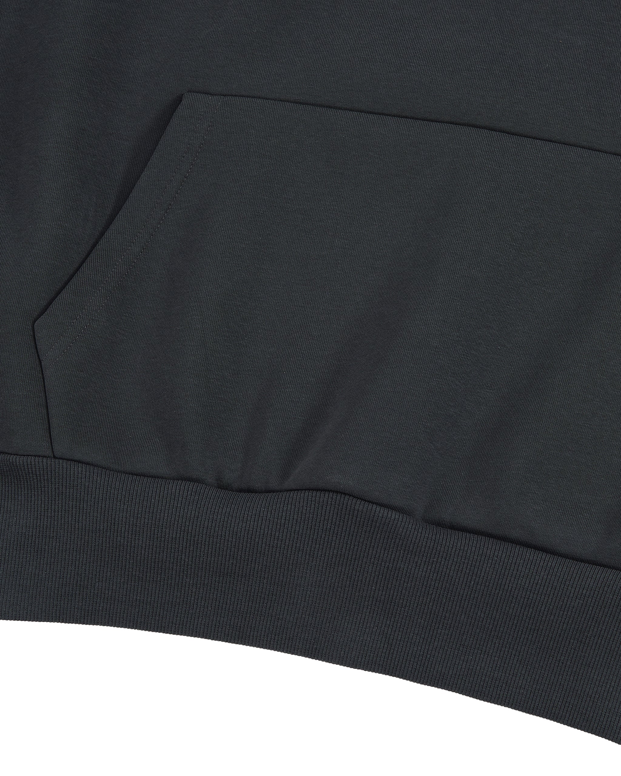 Close-up of a black hoodie with a pocket on a white background