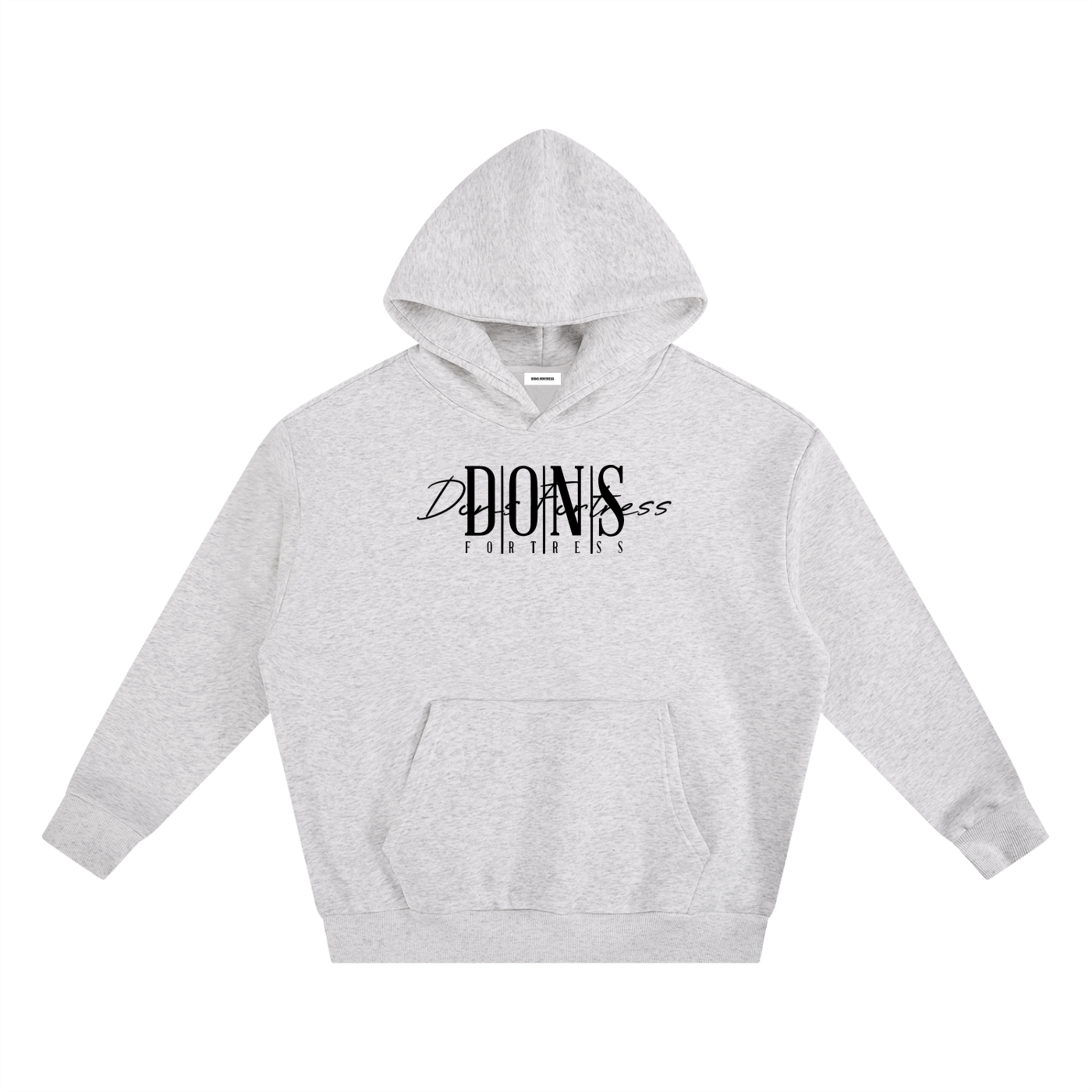 Gray hoodie with black text on a white background