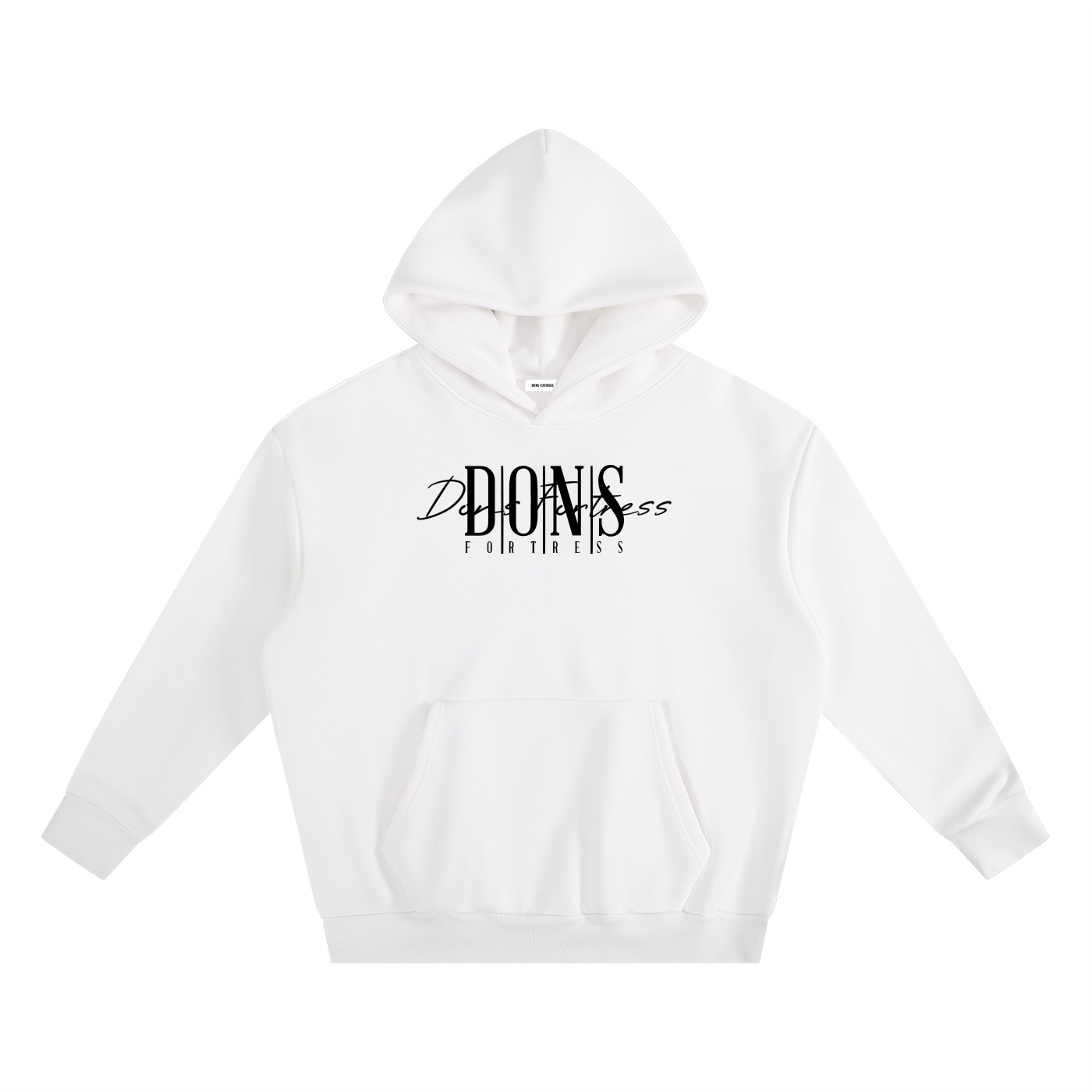 White hoodie with black text on a white background