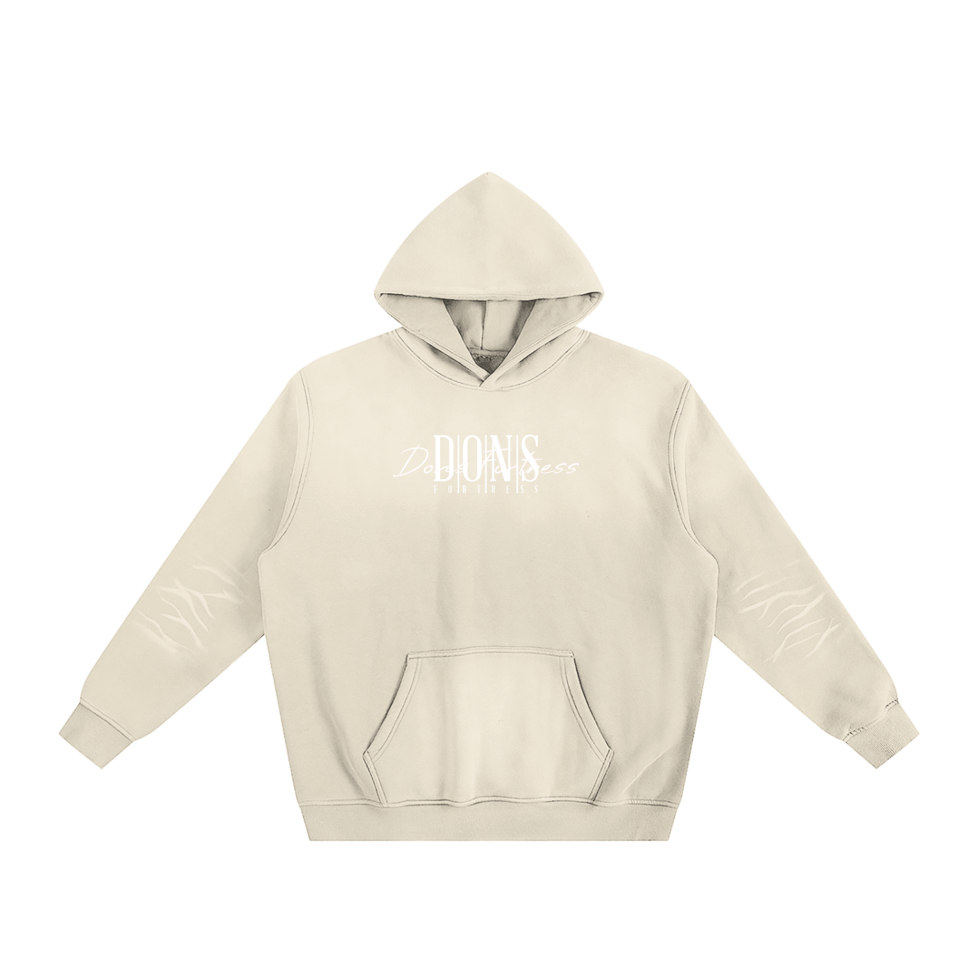 Beige hoodie with a brand logo on a white background