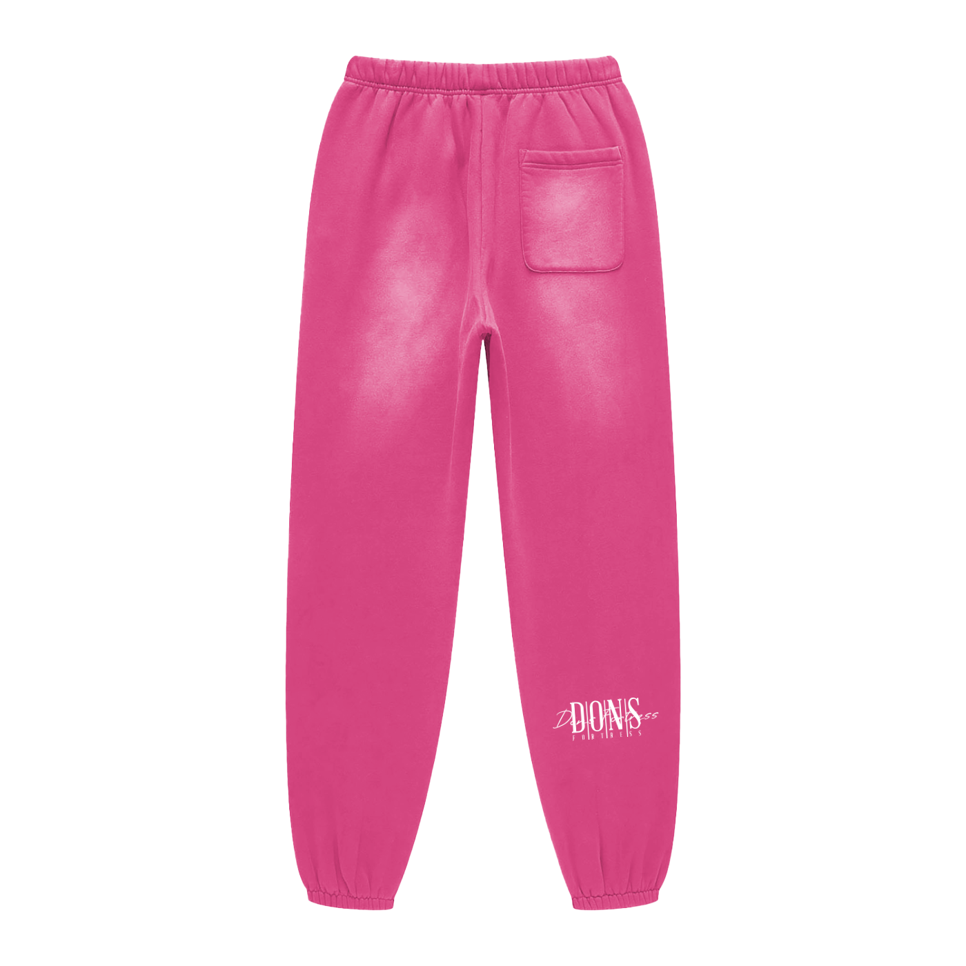 Pink sweatpants with a brand logo on a white background
