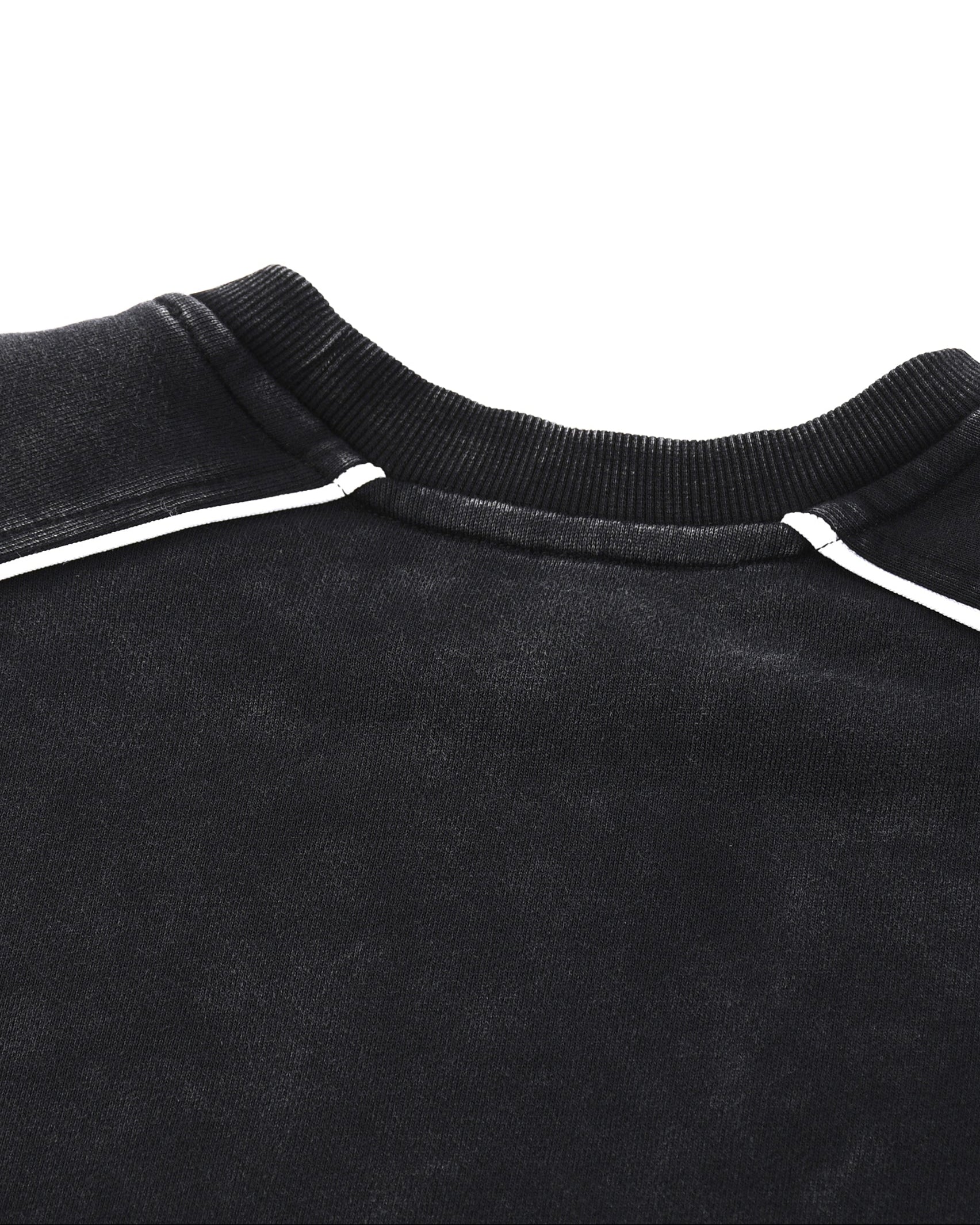 Close-up of a black sweater with white trim on a white background