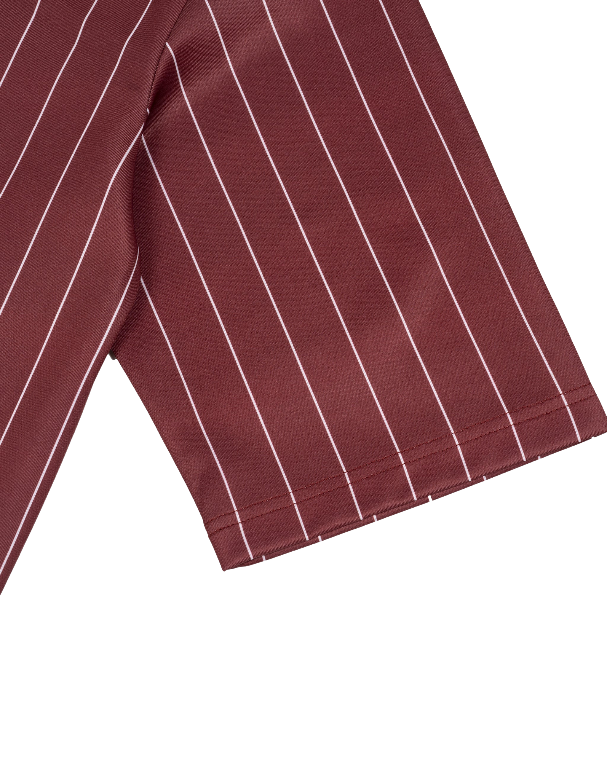 Maroon pants with white pinstripes on a white background