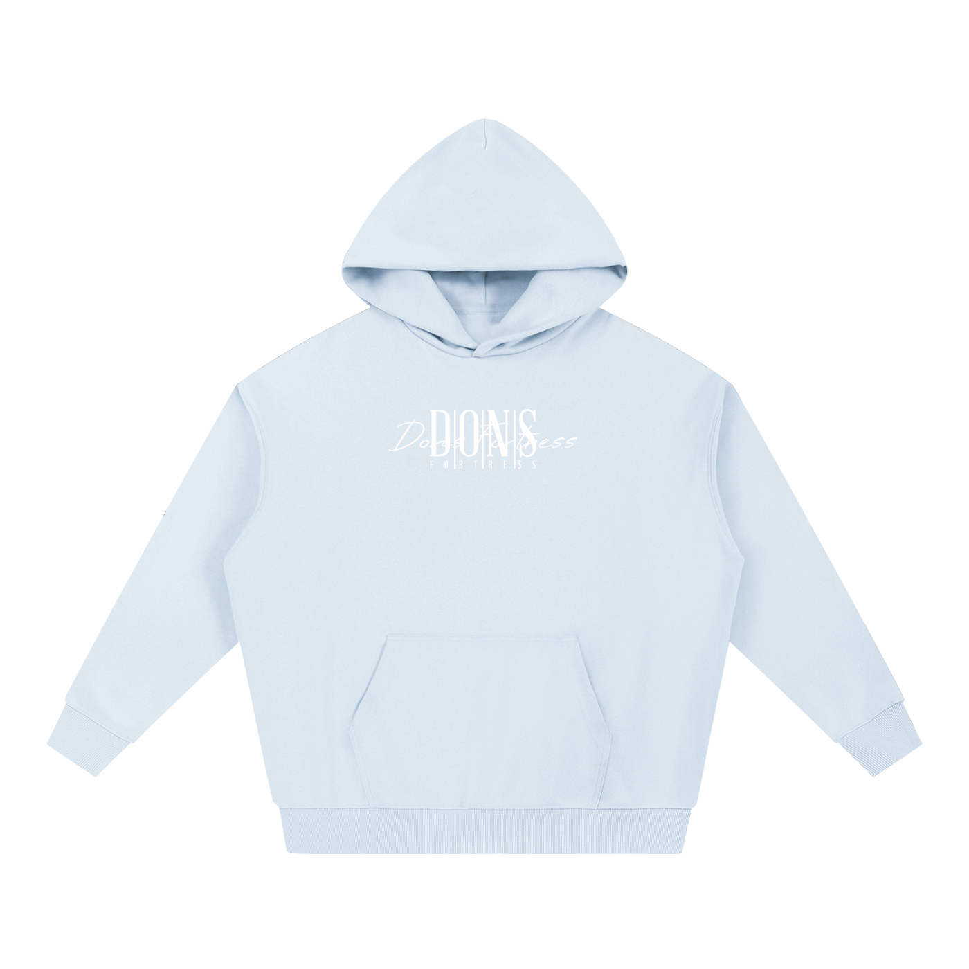 Light blue hoodie with a brand logo on a white background