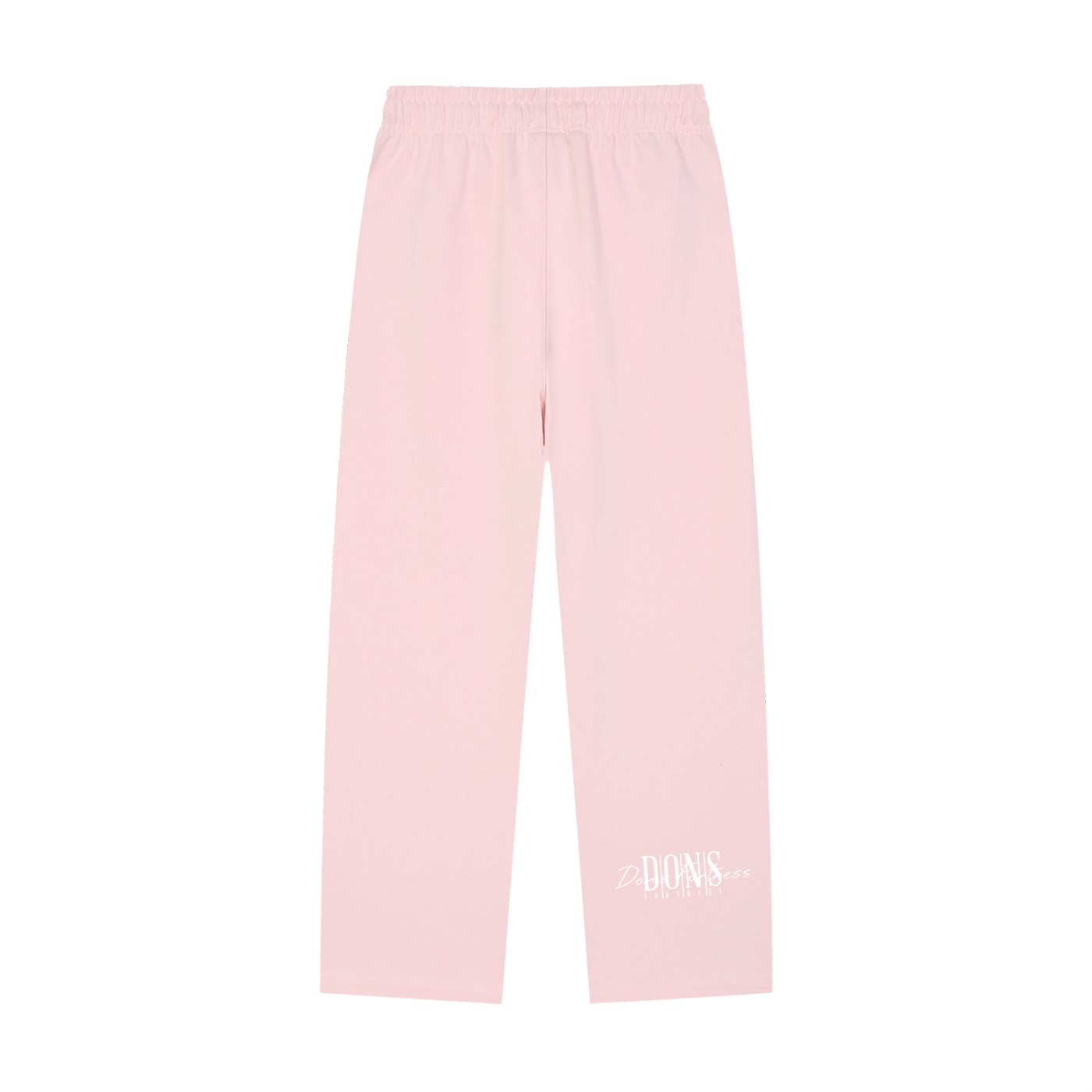 Pink sweatpants with a brand logo on a white background