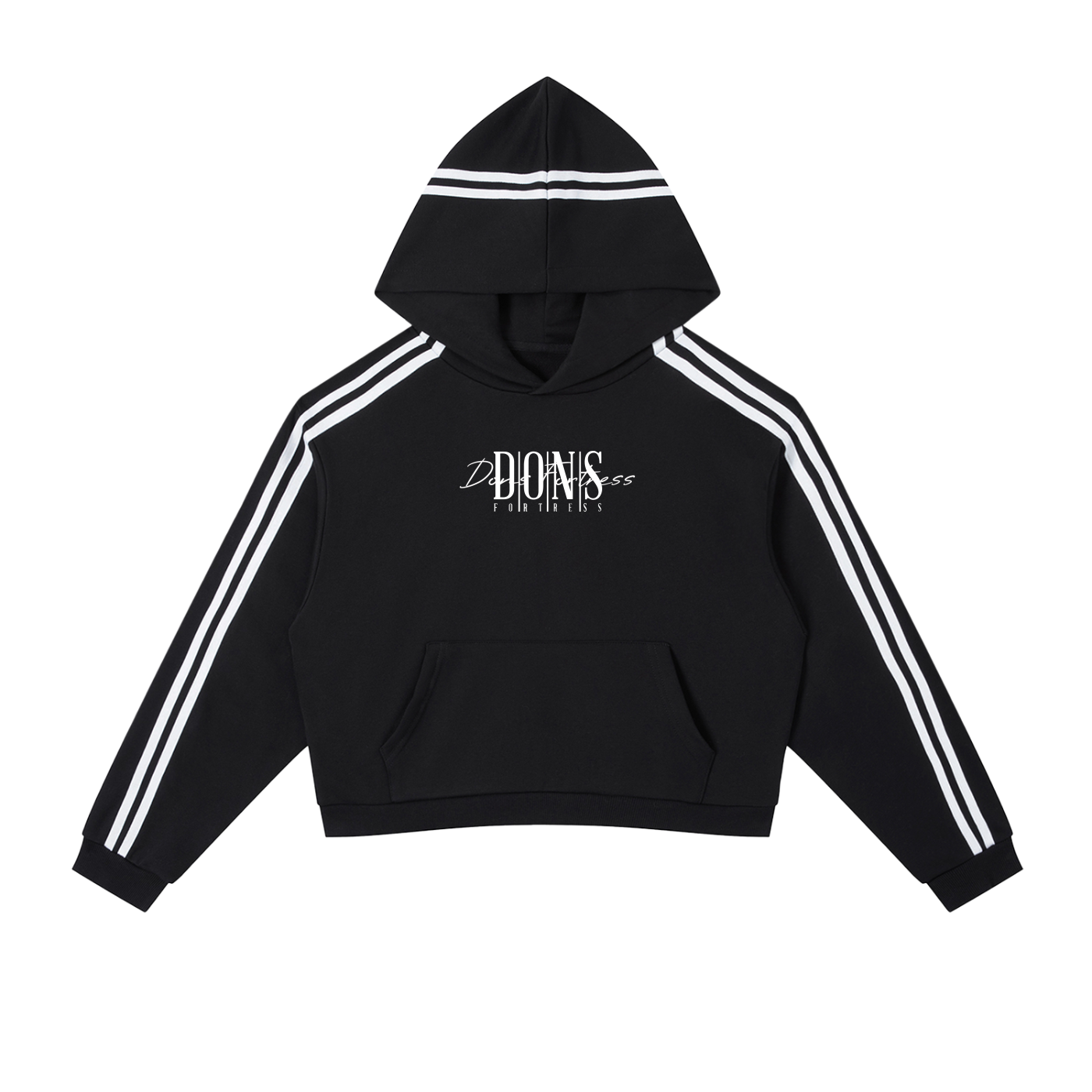 Black hoodie with white stripes on sleeves and branding on a white background