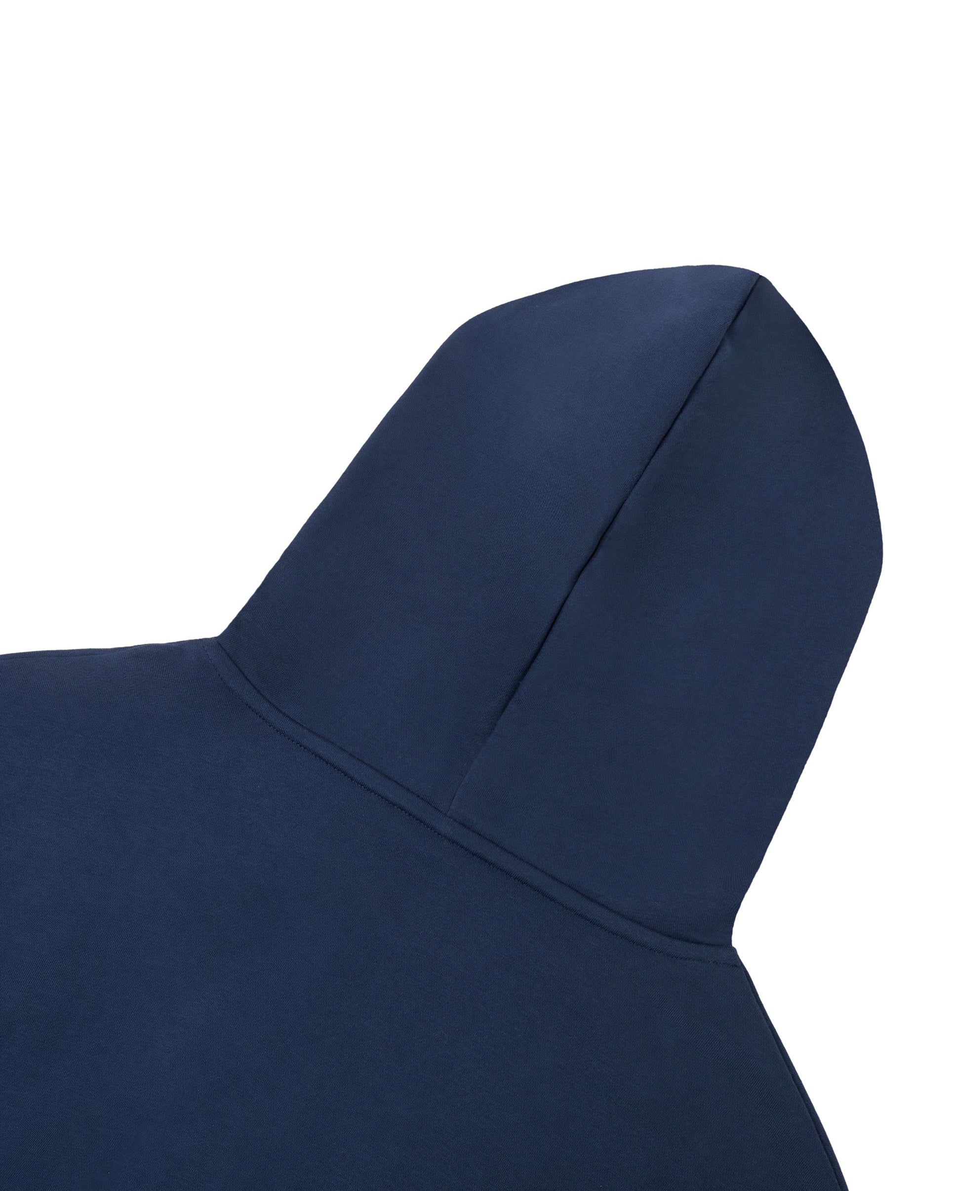 Navy blue hooded garment on a white background