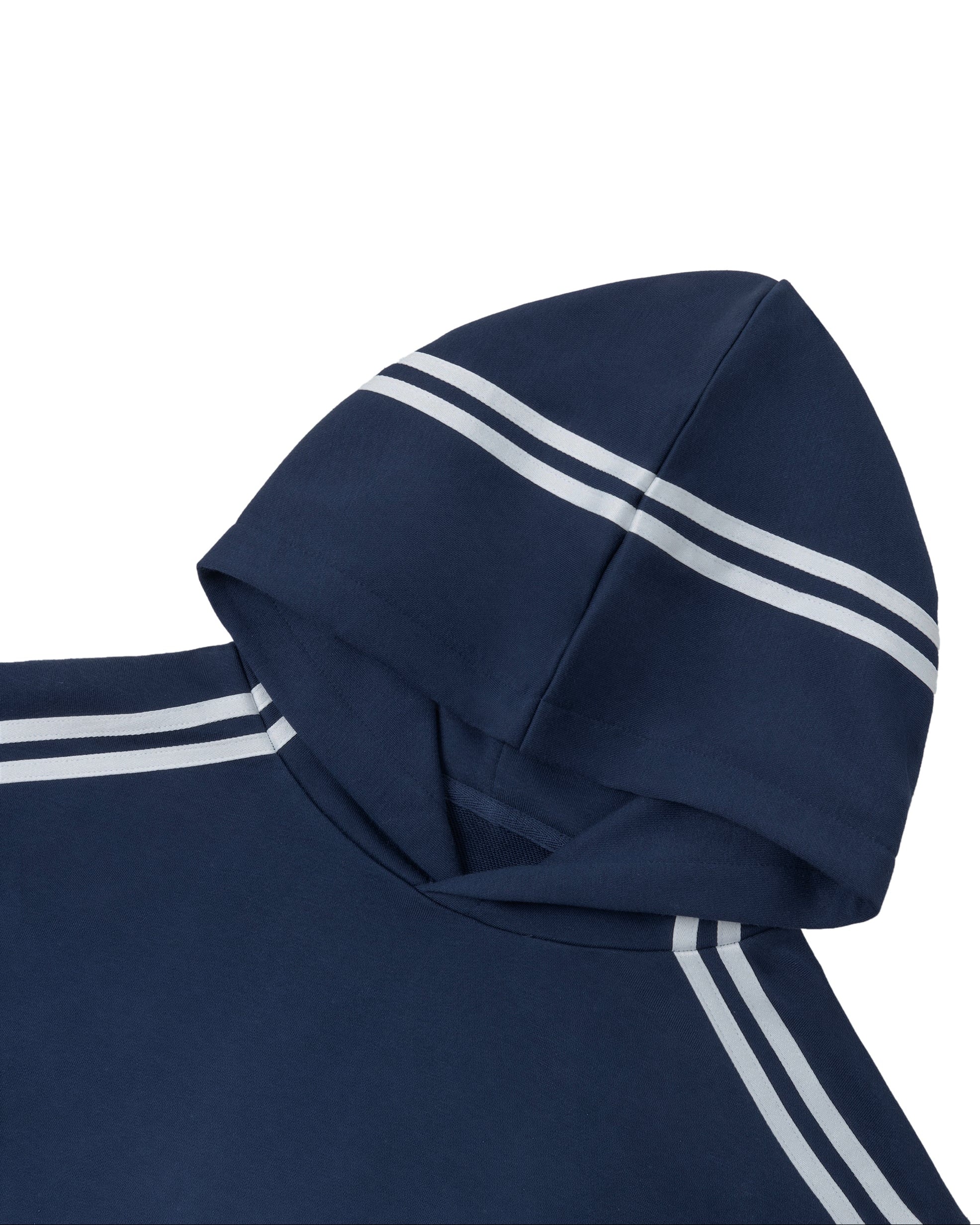 Navy blue hood with white stripes on a white background